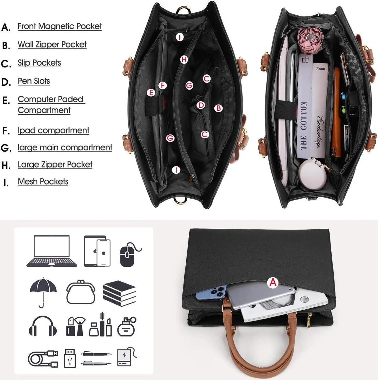 Alt view image 5 of 5 - RAINSMORE Laptop Bag for Women 15.6 Inch PU Leather Laptop Tote Bag Professional Business Office Briefcase Waterproof Work Bag Computer Tote Bag Large Lightweight Handbag Shoulder Bag