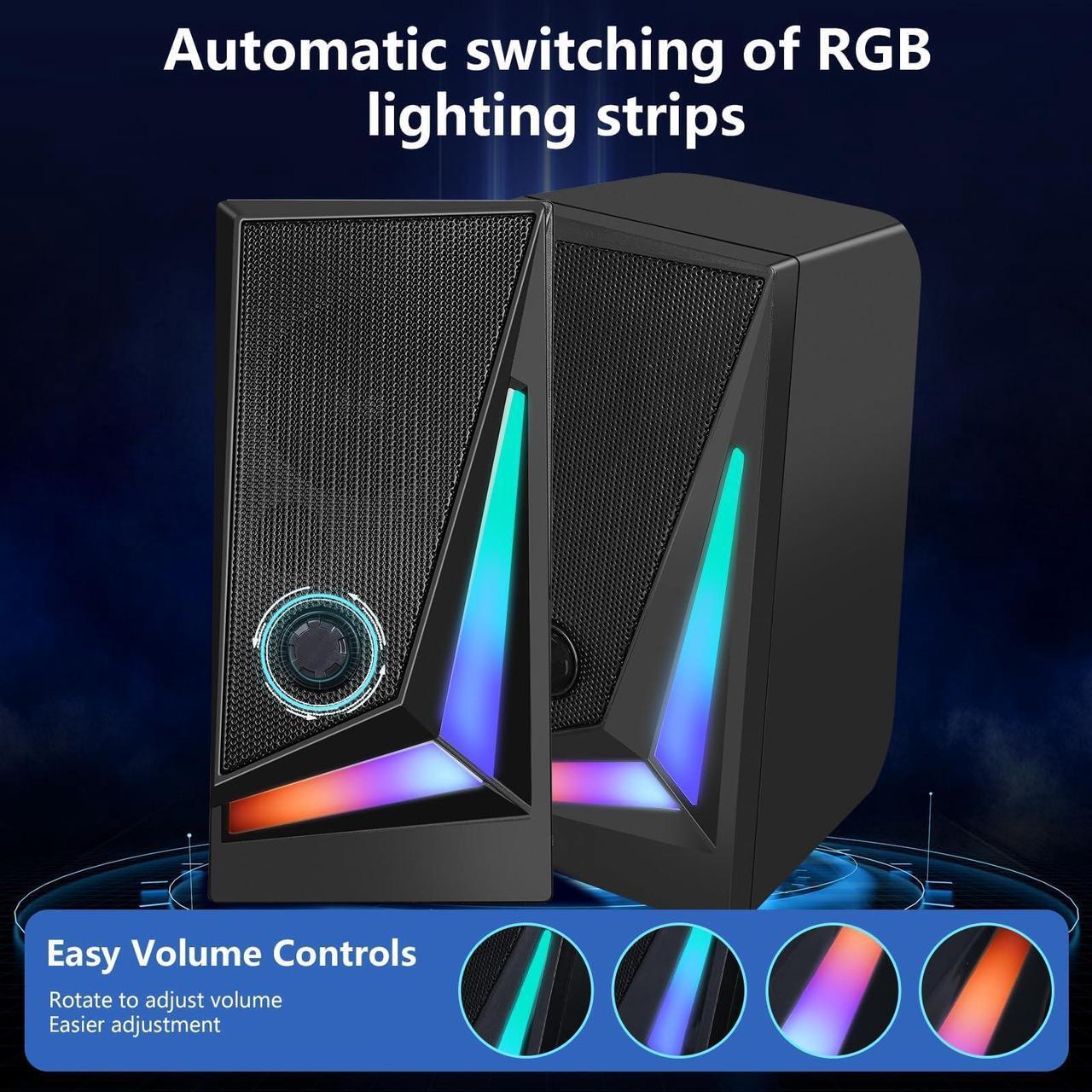Alt view image 2 of 5 - FANEVER Computer Speakers, PC Speaker for Desktop with RGB Lighting 2.0 Stereo Bass Sound, Easy Volume Control, USB Powered and 3.5mm Aux-in for PC, Laptop, Tablet (M100)