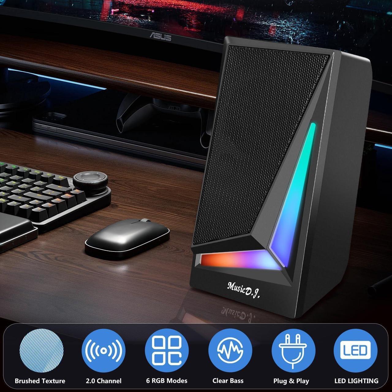 Alt view image 3 of 5 - FANEVER Computer Speakers, PC Speaker for Desktop with RGB Lighting 2.0 Stereo Bass Sound, Easy Volume Control, USB Powered and 3.5mm Aux-in for PC, Laptop, Tablet (M100)