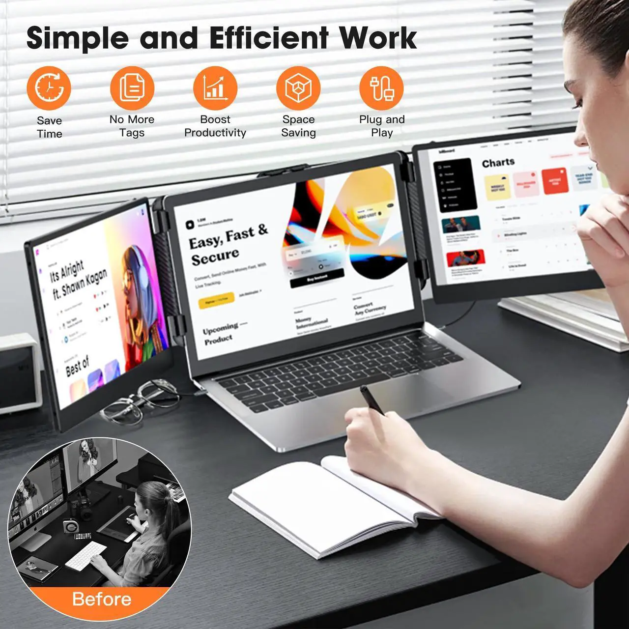 Alt view image 4 of 5 - Triple Portable Monitor for Laptop Screen Extender Dual Monitor 14 Inch FHD 1080P Tri Screen Display 4 Speakers Plug and Play No Driver for 13.3-17 Inch Laptop Windows/Mac/Chrome (2 Extended Screens)