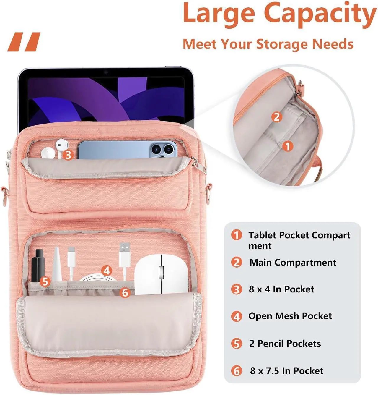 Alt view image 3 of 5 - Kailaien 10-13 Inch Tablet Sleeve Bag, Ipad Bag for 13 In/11 in New iPad Pro M4 & 13 in Air M2 2024,iPad Pro 12.9 M2&M1,Ipad 10.9,Galaxy Tab S8+/S9+ 12.4,with Removable Shoulder Strap (Pink)