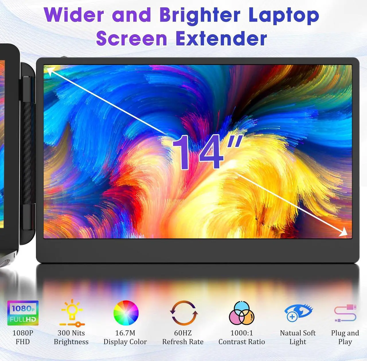 Alt view image 2 of 5 - Triple Portable Monitor for Laptop Screen Extender Dual Monitor 14 Inch FHD 1080P Tri Screen Display 4 Speakers Plug and Play No Driver for 13.3-17 Inch Laptop Windows/Mac/Chrome (1 Extended Screen)