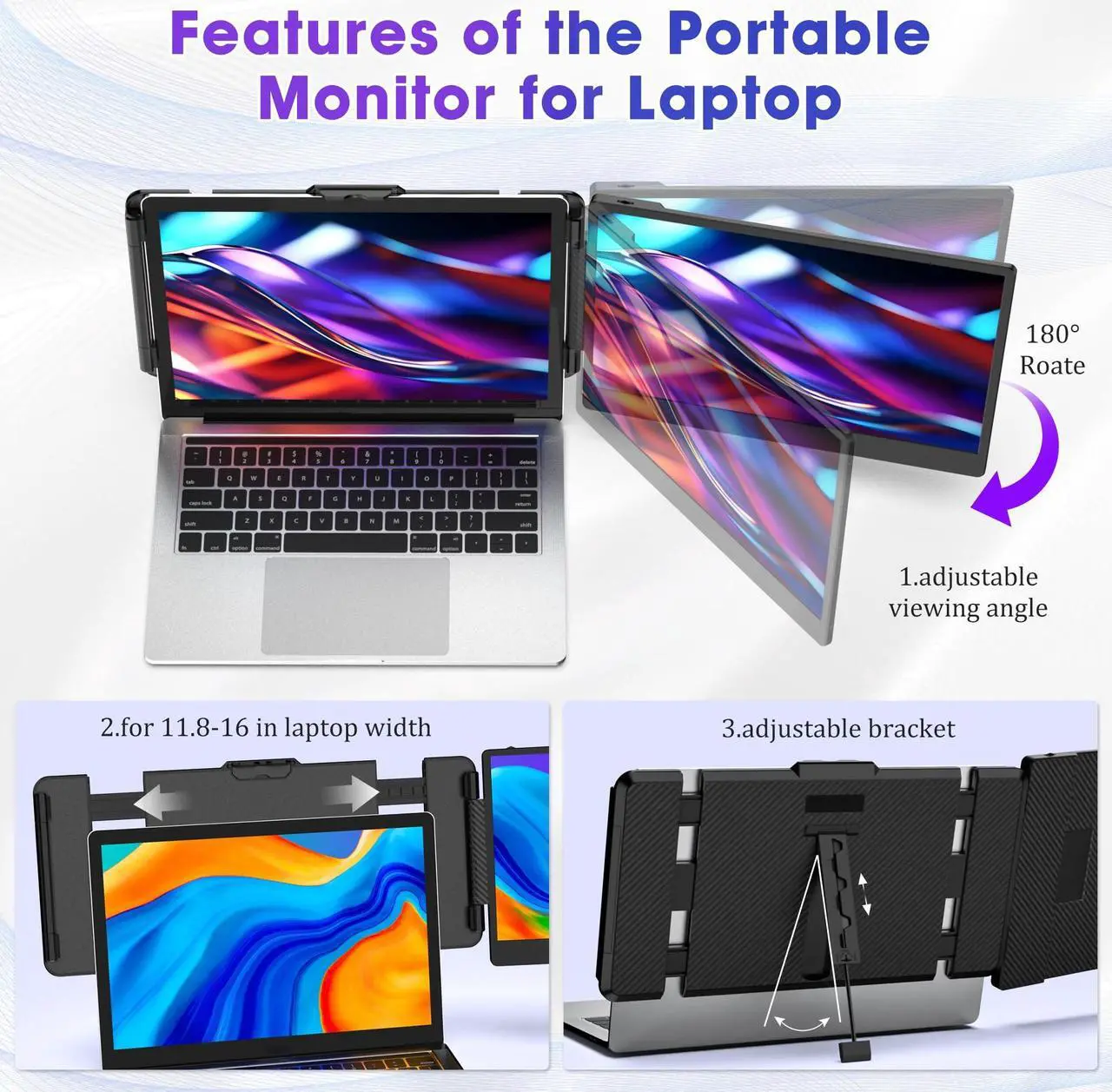 Alt view image 3 of 5 - Triple Portable Monitor for Laptop Screen Extender Dual Monitor 14 Inch FHD 1080P Tri Screen Display 4 Speakers Plug and Play No Driver for 13.3-17 Inch Laptop Windows/Mac/Chrome (1 Extended Screen)