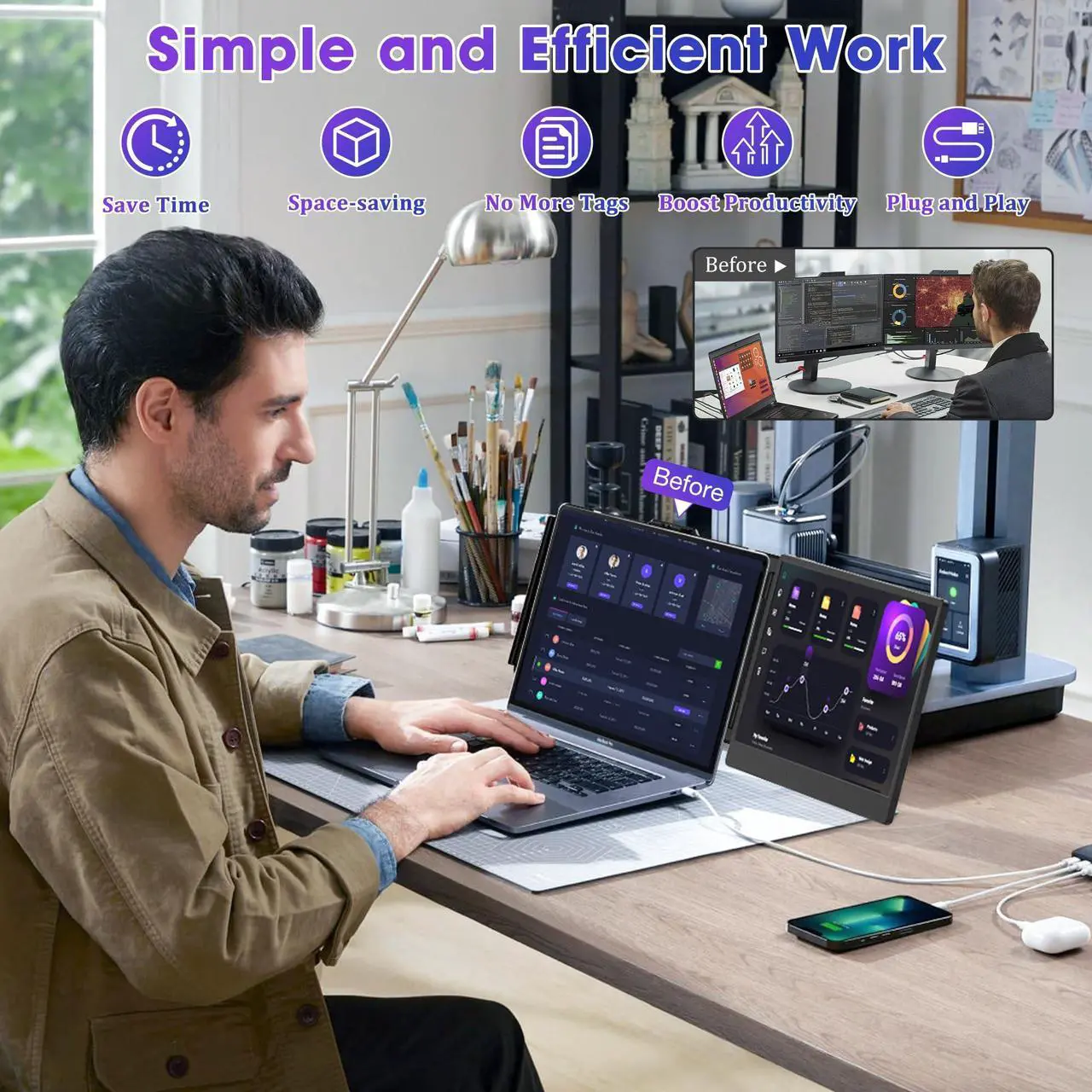 Alt view image 4 of 5 - Triple Portable Monitor for Laptop Screen Extender Dual Monitor 14 Inch FHD 1080P Tri Screen Display 4 Speakers Plug and Play No Driver for 13.3-17 Inch Laptop Windows/Mac/Chrome (1 Extended Screen)