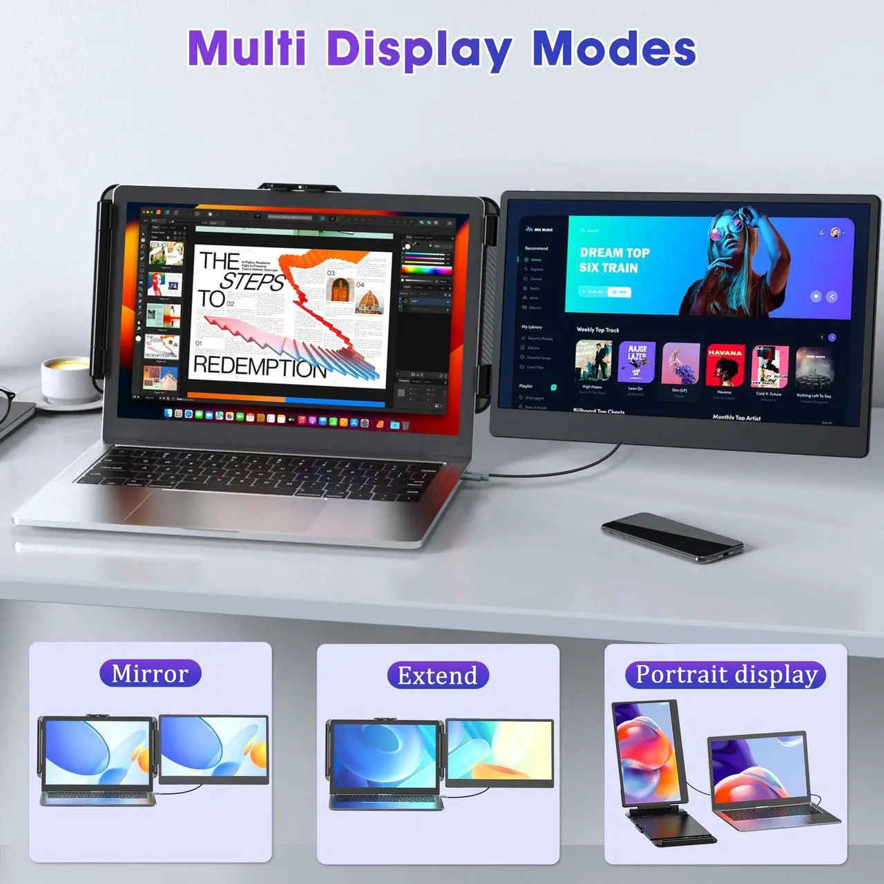 Alt view image 5 of 5 - Triple Portable Monitor for Laptop Screen Extender Dual Monitor 14 Inch FHD 1080P Tri Screen Display 4 Speakers Plug and Play No Driver for 13.3-17 Inch Laptop Windows/Mac/Chrome (1 Extended Screen)