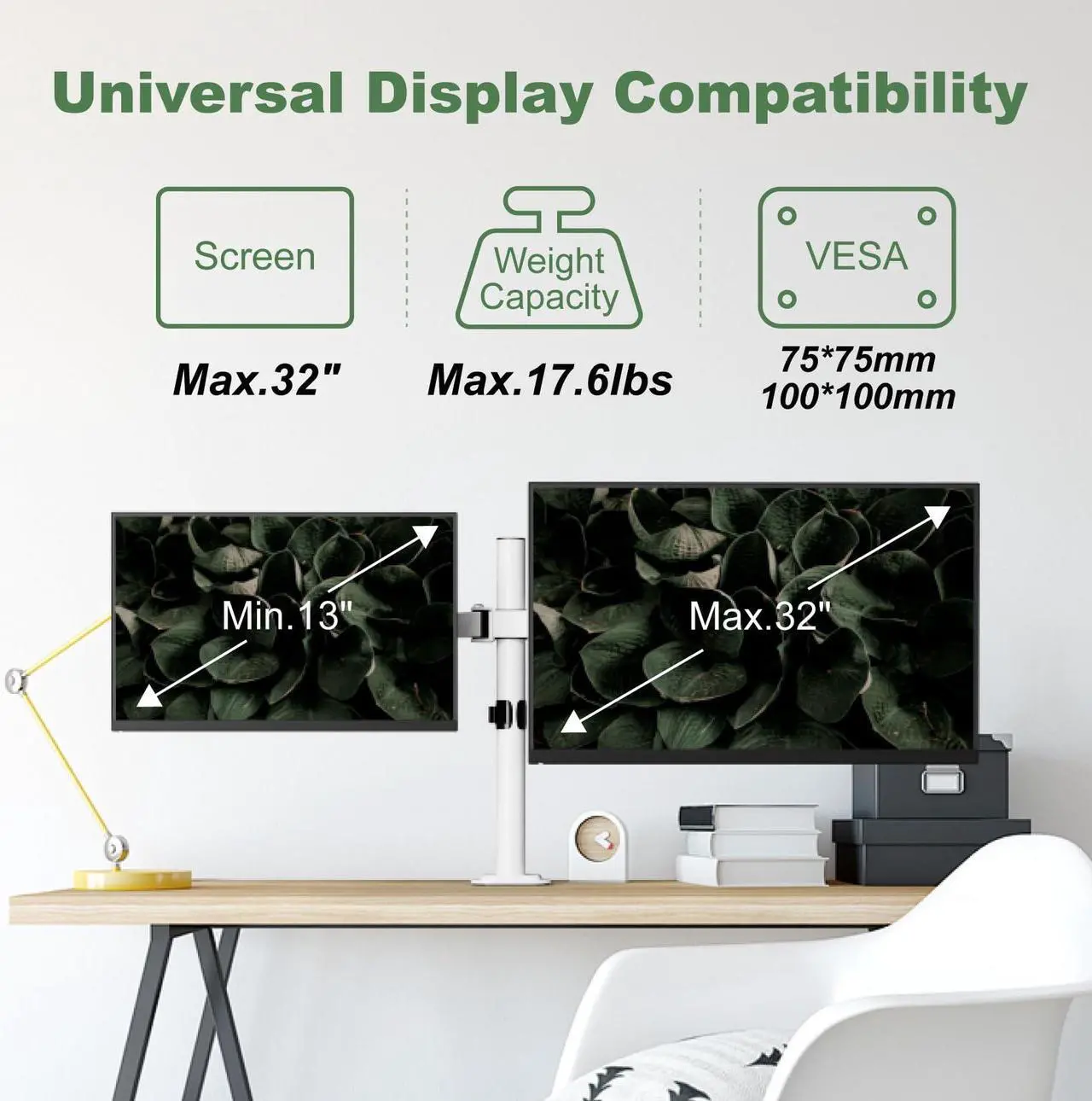 Alt view image 2 of 5 - UPGRAVITY Dual Monitor Mount, Dual Monitor Stand for Two 17"-32" Flat/Curved Computer Screens, Fully Adjustable Dual Monitor Arms Hold up to 17.6lbs, VESA 75x75/100x100mm, C-Clamp/Grommet Base, White