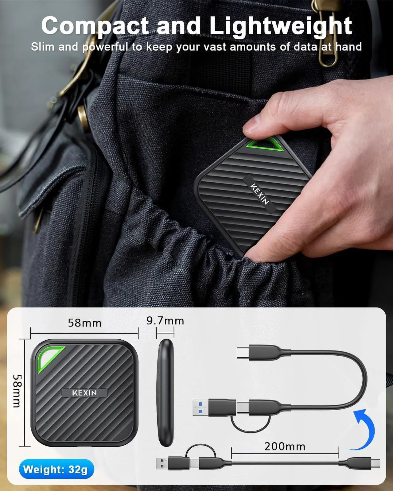 Alt view image 3 of 5 - KEXIN 2TB Portable SSD USB C External SSD Up to 2000MB/s External Solid State Drive USB 3.2 Gen 2x2 Type-C Portable Solid State Drive for PC Mac Game Console