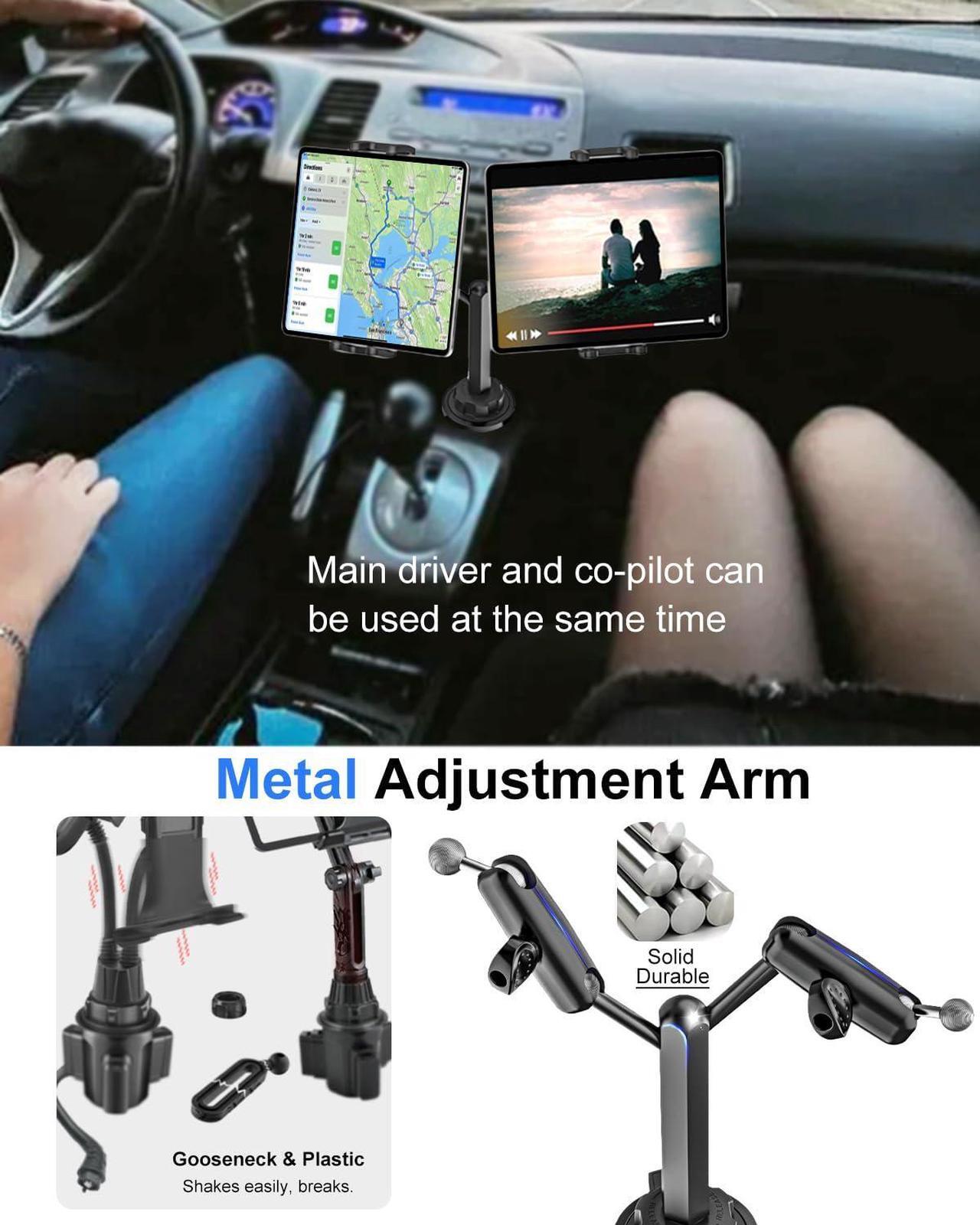 Alt view image 3 of 5 - Kolasels Dual Tablet Holder for Car Cup Holder - Metal Magic Arm, Cup Holder Phone Holders for Your Car, Truck with Double Device Clamp, Cup Holder Tablet Mount for 4-13" iPad Pro 12.9 Air, iPhone