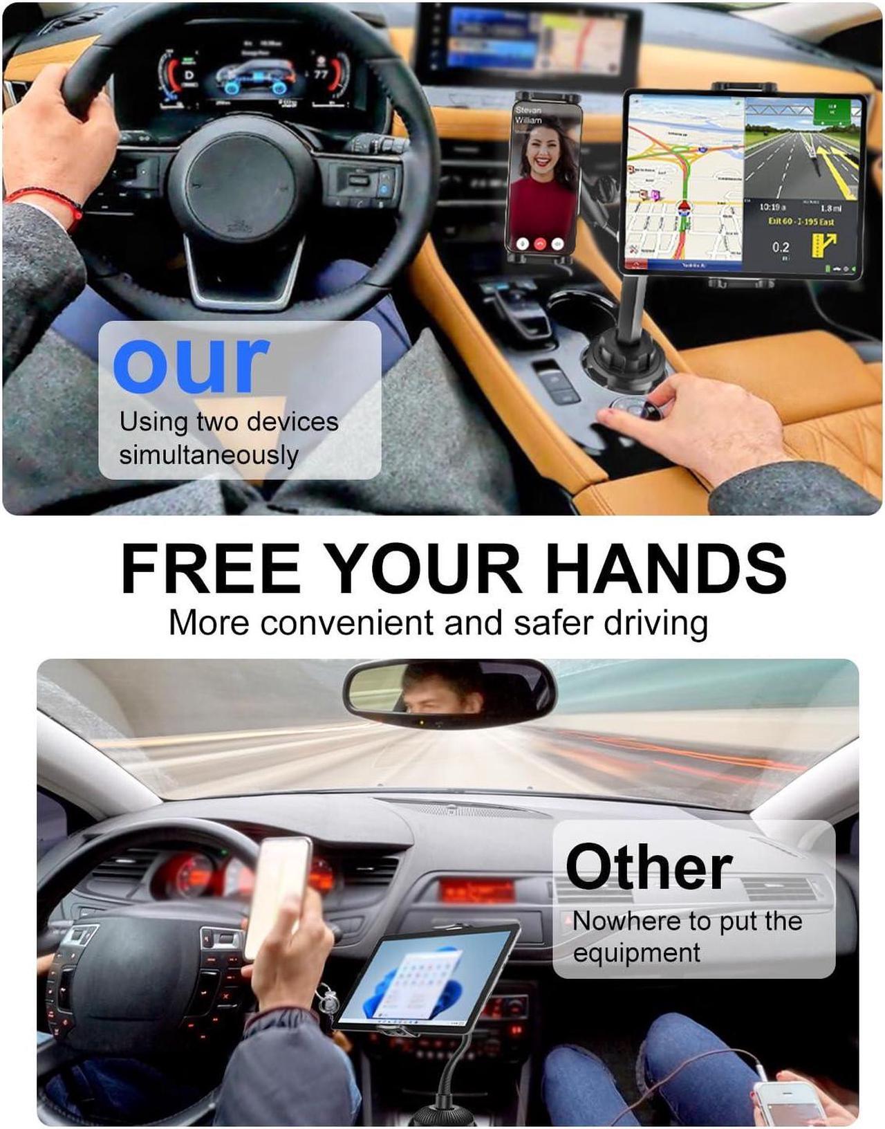 Alt view image 2 of 5 - Kolasels Dual Tablet Holder for Car Cup Holder - Metal Magic Arm, Cup Holder Phone Holders for Your Car, Truck with Double Device Clamp, Cup Holder Tablet Mount for 4-13" iPad Pro 12.9 Air, iPhone
