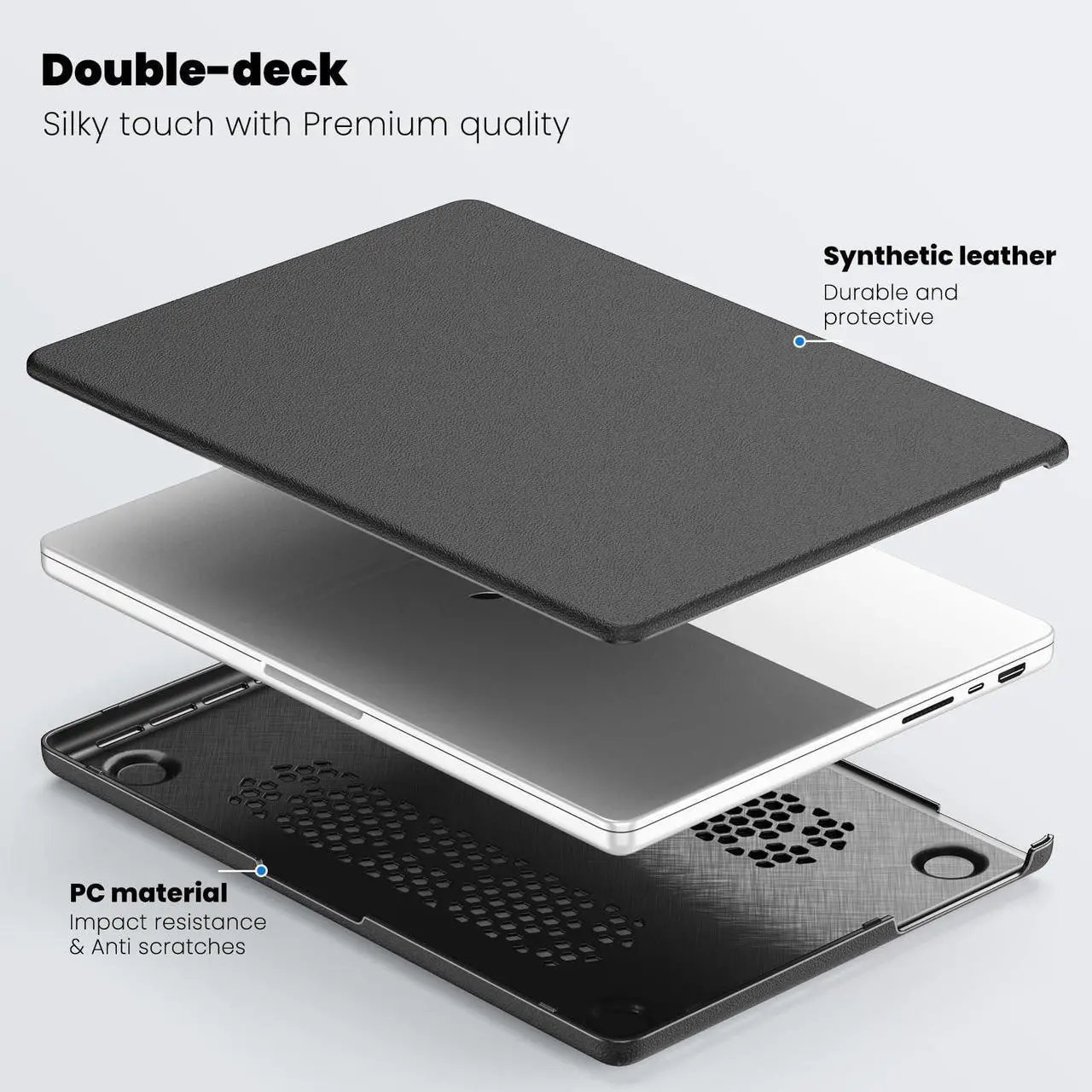 Alt view image 5 of 5 - MEEgoodo for M4 MacBook Pro 14 inch Case 2024 2023 2021, PU Kickstand Cover Fit Model A3112/A3401/A3185/A2918/A2992/A2779/A2442 M3 M2 M1 Pro/Max with TPU Keyboard & Webcam Cover & OTG Adapter,Black