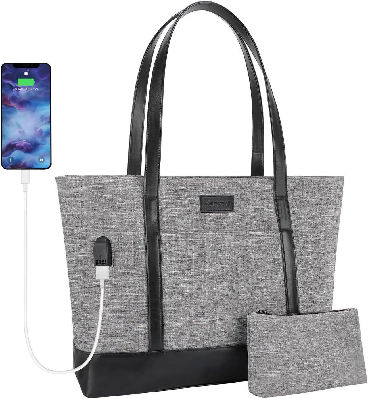 Main image of Mecrowd Laptop Work Tote Bag for Women: Tote Shoulder Bag for 15.6 Inch Computer, Extra Large Bag for School, Party, Travel, Bonus Small Cosmetic Bag (Grey)