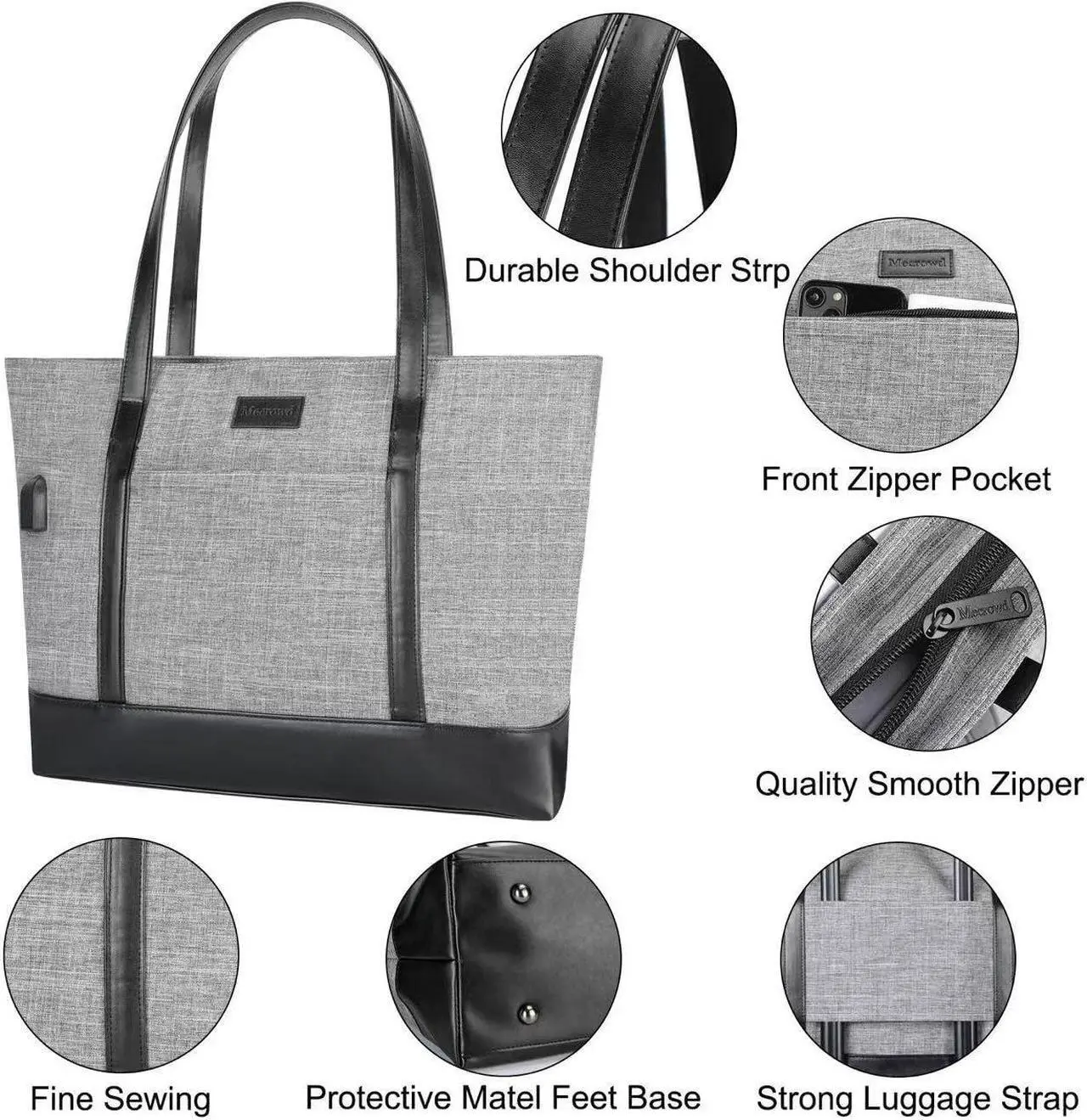 Alt view image 3 of 5 - Mecrowd Laptop Work Tote Bag for Women: Tote Shoulder Bag for 15.6 Inch Computer, Extra Large Bag for School, Party, Travel, Bonus Small Cosmetic Bag (Grey)