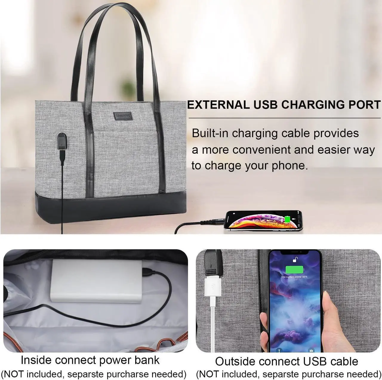 Alt view image 2 of 5 - Mecrowd Laptop Work Tote Bag for Women: Tote Shoulder Bag for 15.6 Inch Computer, Extra Large Bag for School, Party, Travel, Bonus Small Cosmetic Bag (Grey)