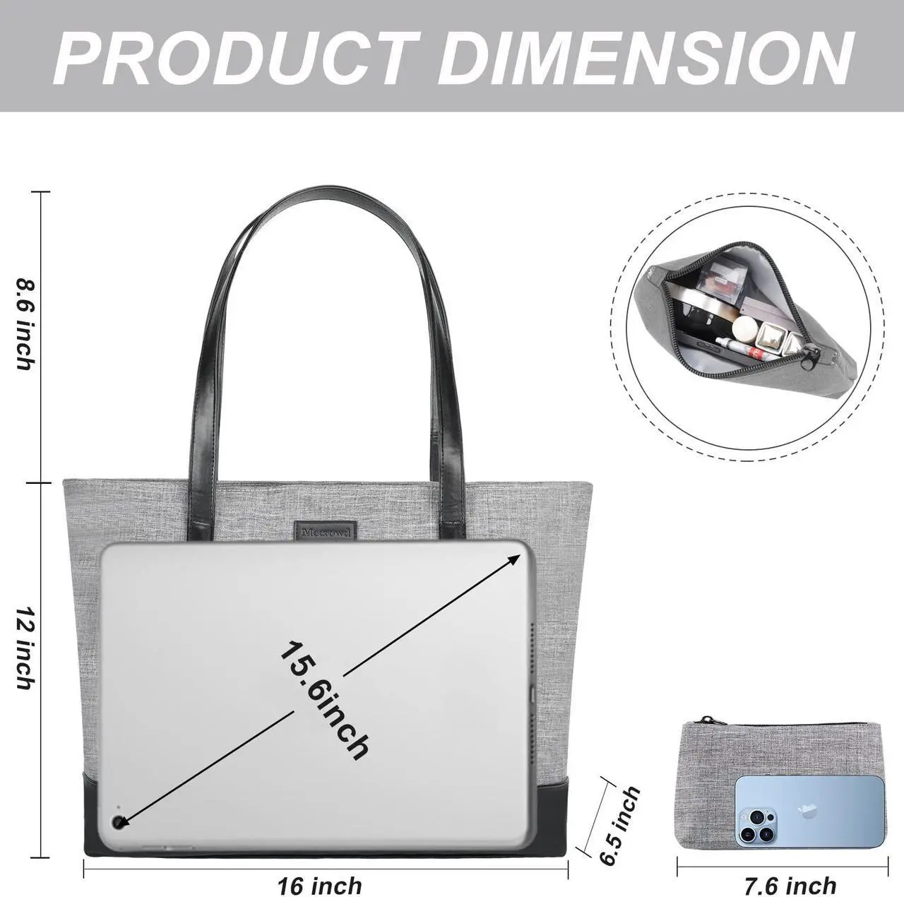 Alt view image 5 of 5 - Mecrowd Laptop Work Tote Bag for Women: Tote Shoulder Bag for 15.6 Inch Computer, Extra Large Bag for School, Party, Travel, Bonus Small Cosmetic Bag (Grey)