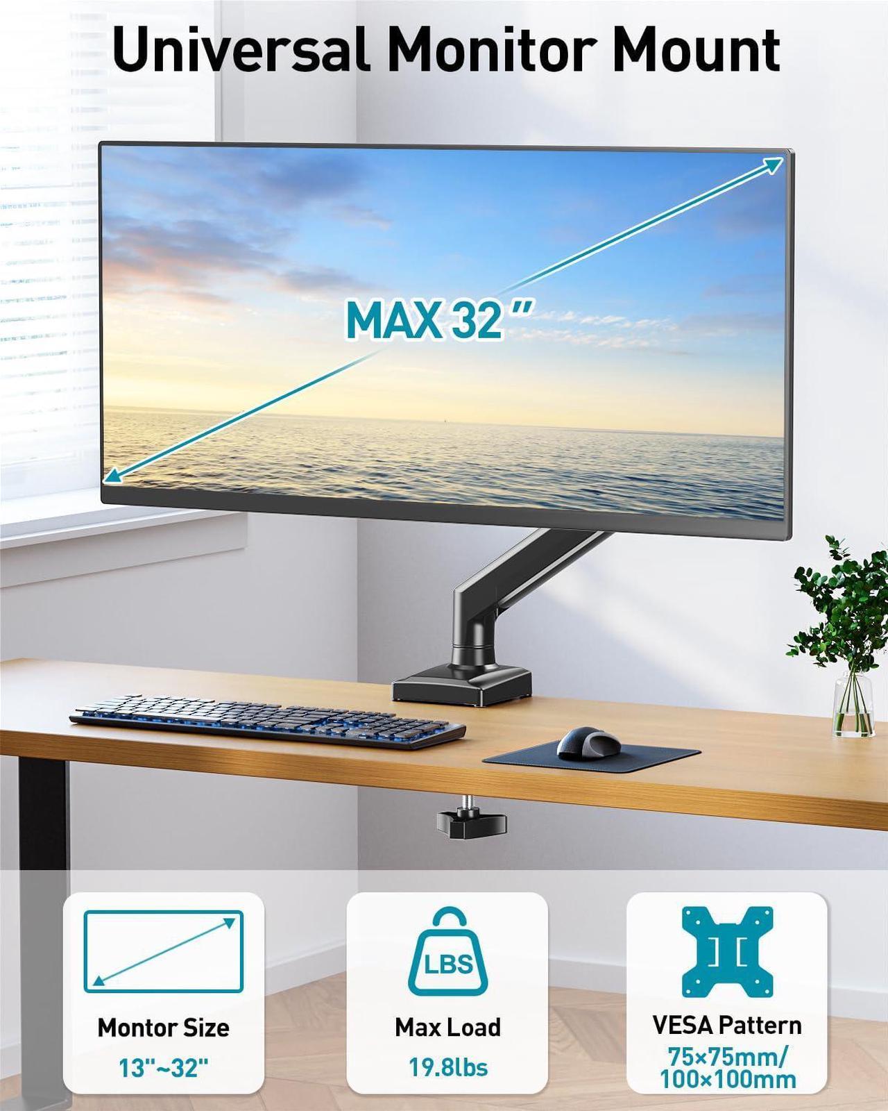 Alt view image 2 of 5 - Single Monitor Arm Desk Mount Fits 13 to 32 inch Computer Monitor, Holds 4.4 to 19.8lbs VESA Monitor Mount, Adjustable Monitor Stand with Clamp/Grommet Mounting Base, 75/100mm Bracket Mount, Freelift
