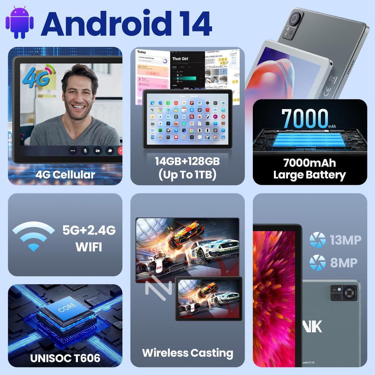 Alt view image 5 of 5 - 2025 Latest Android 14 Tablet 4G Cellular, 5G WIFI Tablet 14GB RAM(8GB+6GB)+128GB ROM+1TB Expandable, Tablet 10.1 Inch Incell Screen, 2 in 1 Tablet Octa-Core 7000mAh Battery, Bluetooth/GPS/13MP+8MP