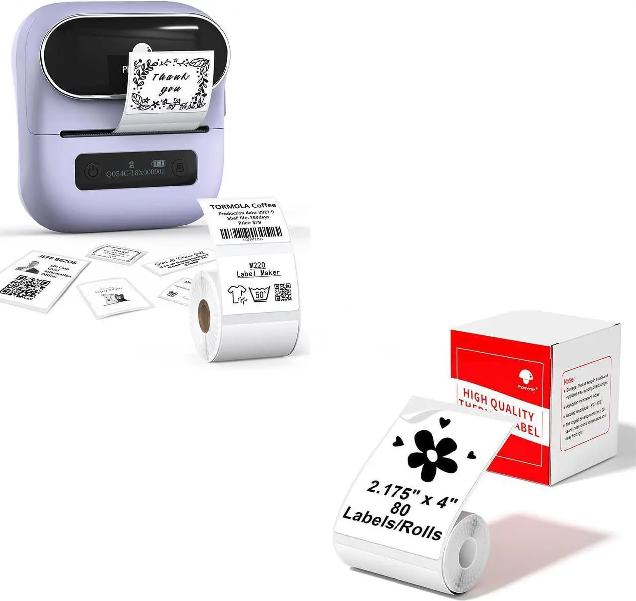 Main image of Phomemo M220 Label Maker Purple & 1 Roll White Thermal Label 2.175"x4"(54x101mm), Upgrade 3 Inch Barcode Portable Printer, for Office & Small Business, Compatible with Phones&PC