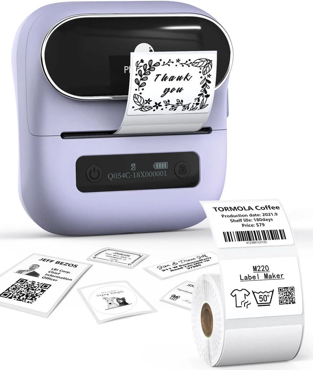 Alt view image 2 of 5 - Phomemo M220 Label Maker Purple & 1 Roll White Thermal Label 2.175"x4"(54x101mm), Upgrade 3 Inch Barcode Portable Printer, for Office & Small Business, Compatible with Phones&PC