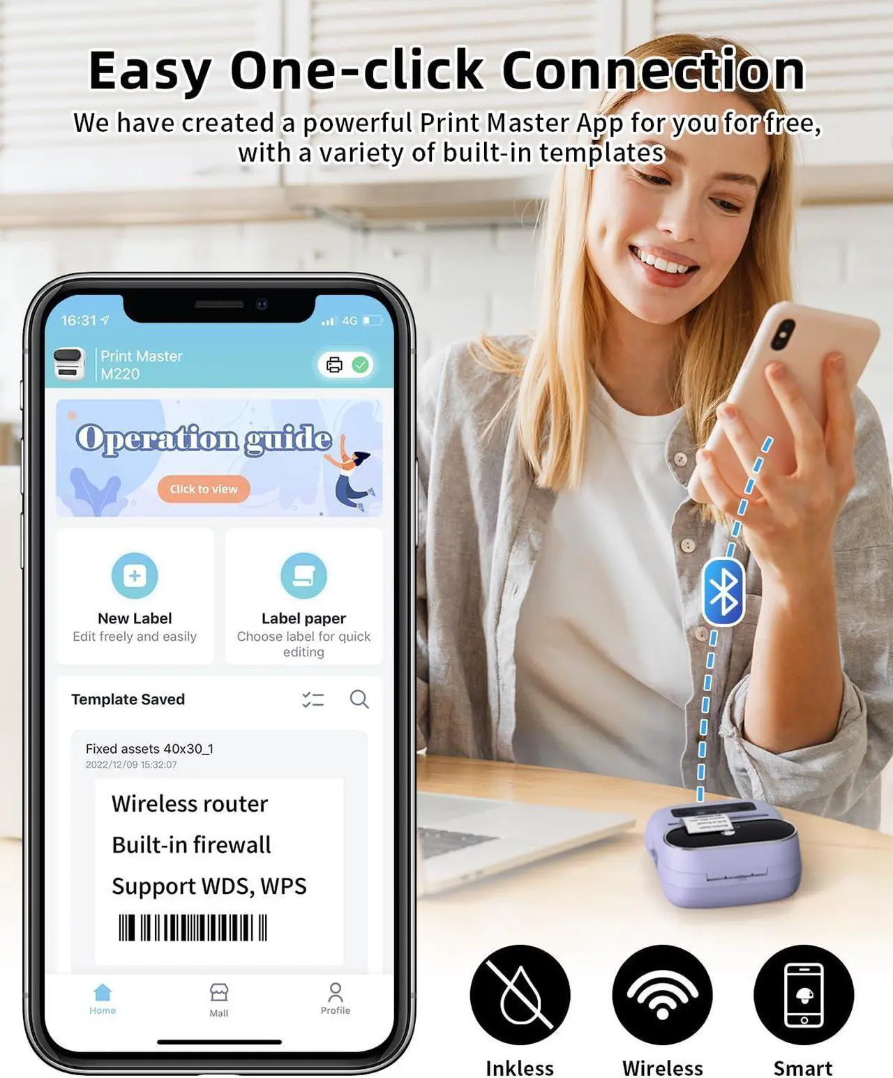 Alt view image 5 of 5 - Phomemo M220 Label Maker Purple & 1 Roll White Thermal Label 2.175"x4"(54x101mm), Upgrade 3 Inch Barcode Portable Printer, for Office & Small Business, Compatible with Phones&PC