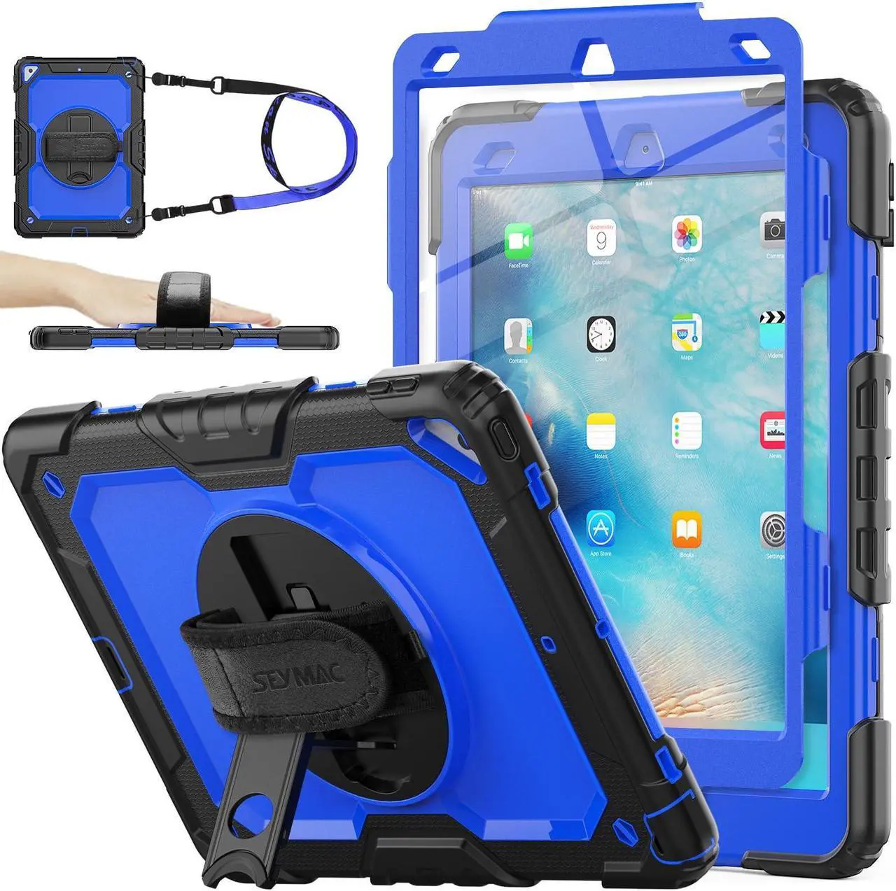 Main image of SEYMAC stock Case for iPad Air 3 2019 / Pro 10.5'' with Screen Protector Pen Holder [360deg Rotate Hand Strap/Stand], Drop-Proof Case (Blue+Black)