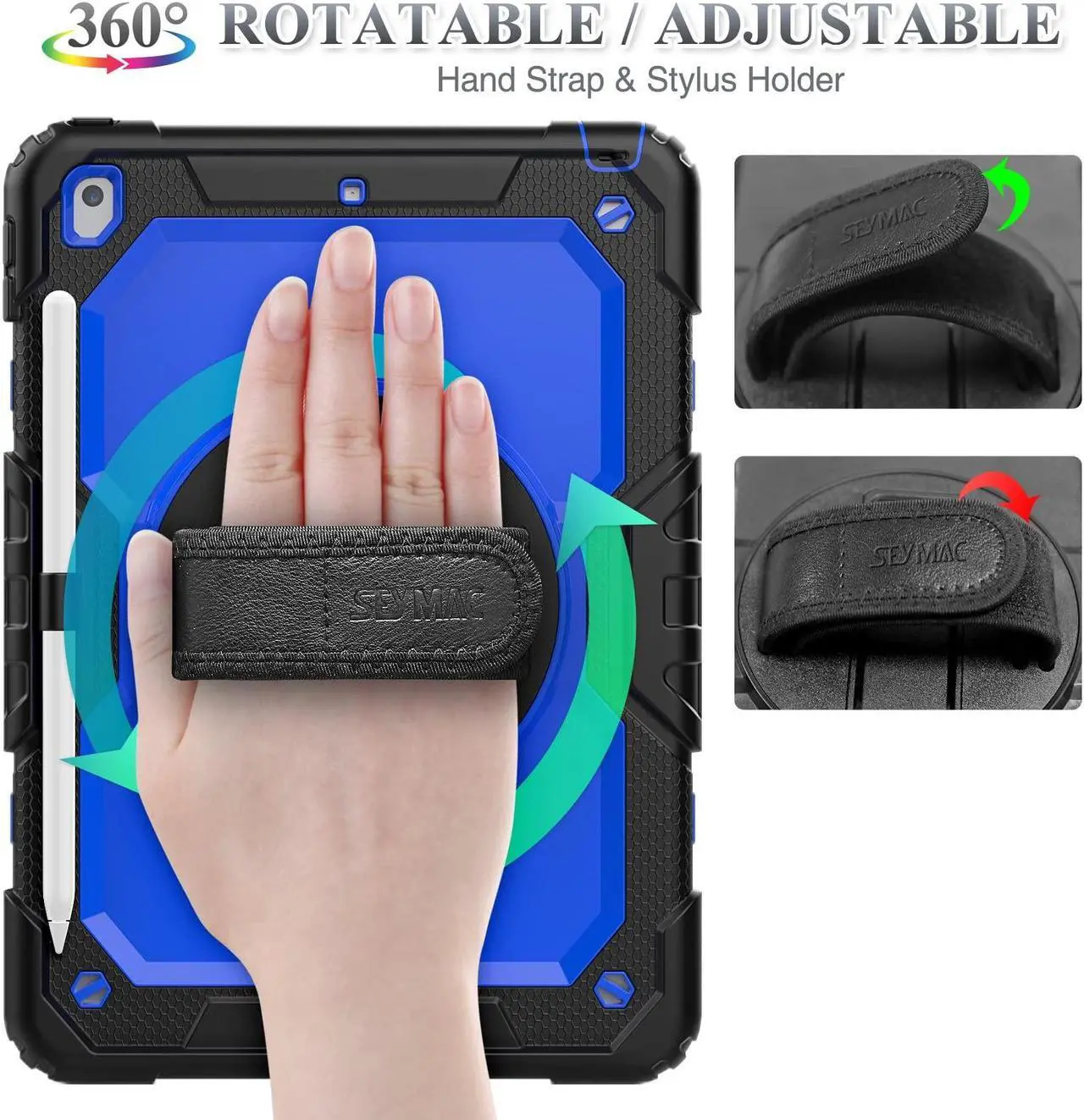 Alt view image 2 of 5 - SEYMAC stock Case for iPad Air 3 2019 / Pro 10.5'' with Screen Protector Pen Holder [360deg Rotate Hand Strap/Stand], Drop-Proof Case (Blue+Black)