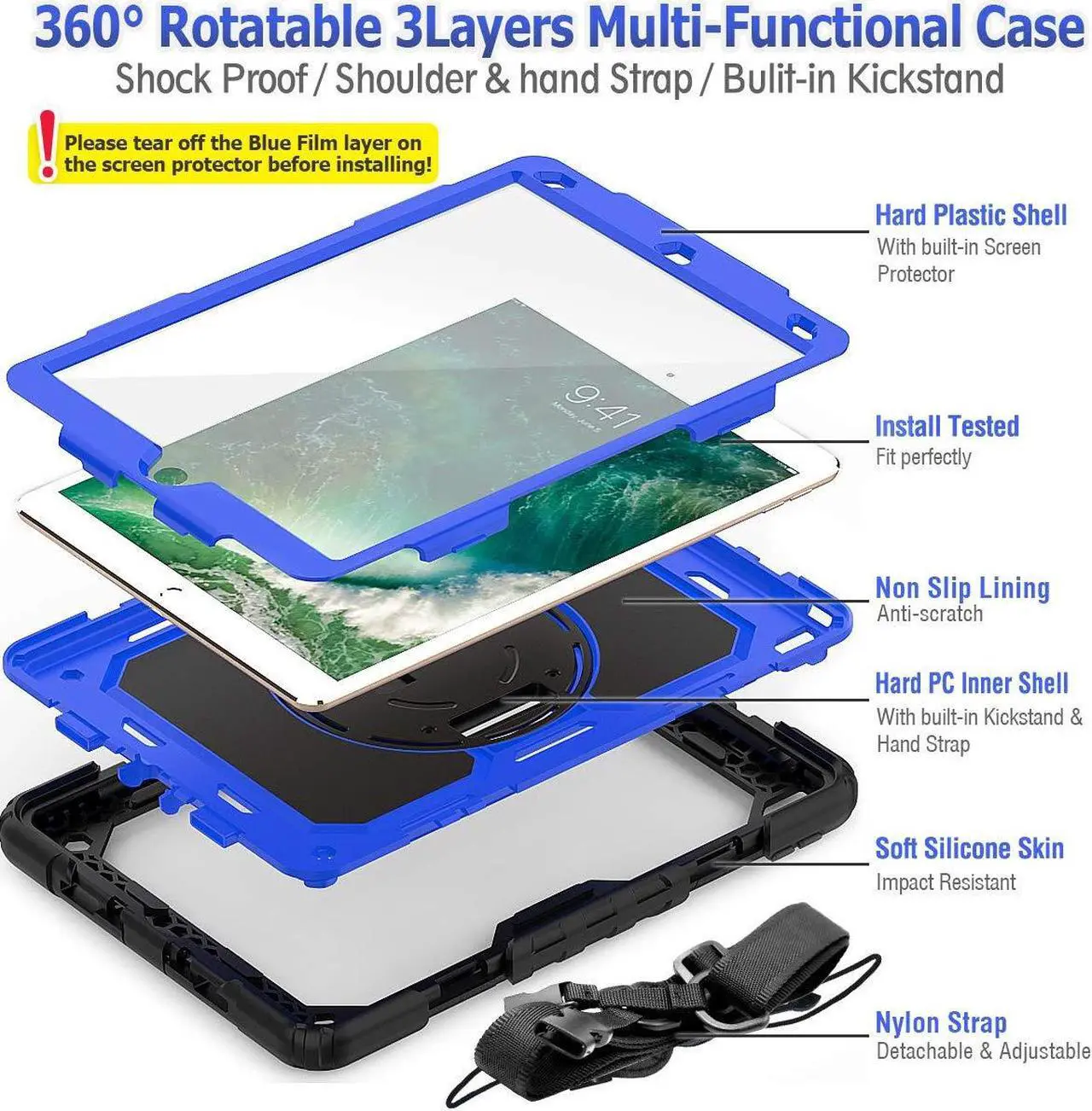 Alt view image 5 of 5 - SEYMAC stock Case for iPad Air 3 2019 / Pro 10.5'' with Screen Protector Pen Holder [360deg Rotate Hand Strap/Stand], Drop-Proof Case (Blue+Black)
