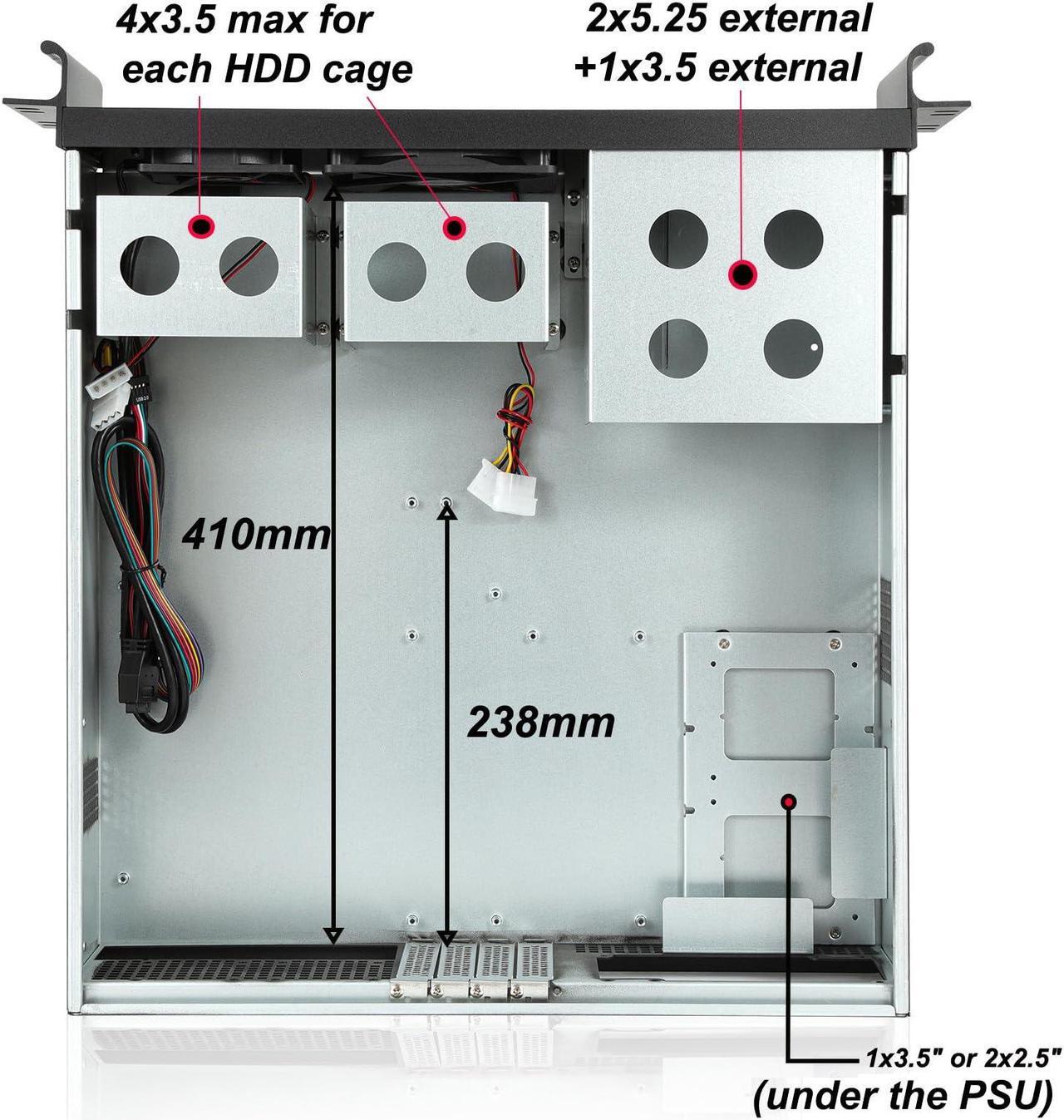 Alt view image 5 of 5 - RackChoice ATX/Micro ATX Mini-ITX 3U Rackmount Server Chassis 2x5.25" + 5x3.5" Bays, ATX PSU Support, Top or Side Cooling Both OK, Depth 18"