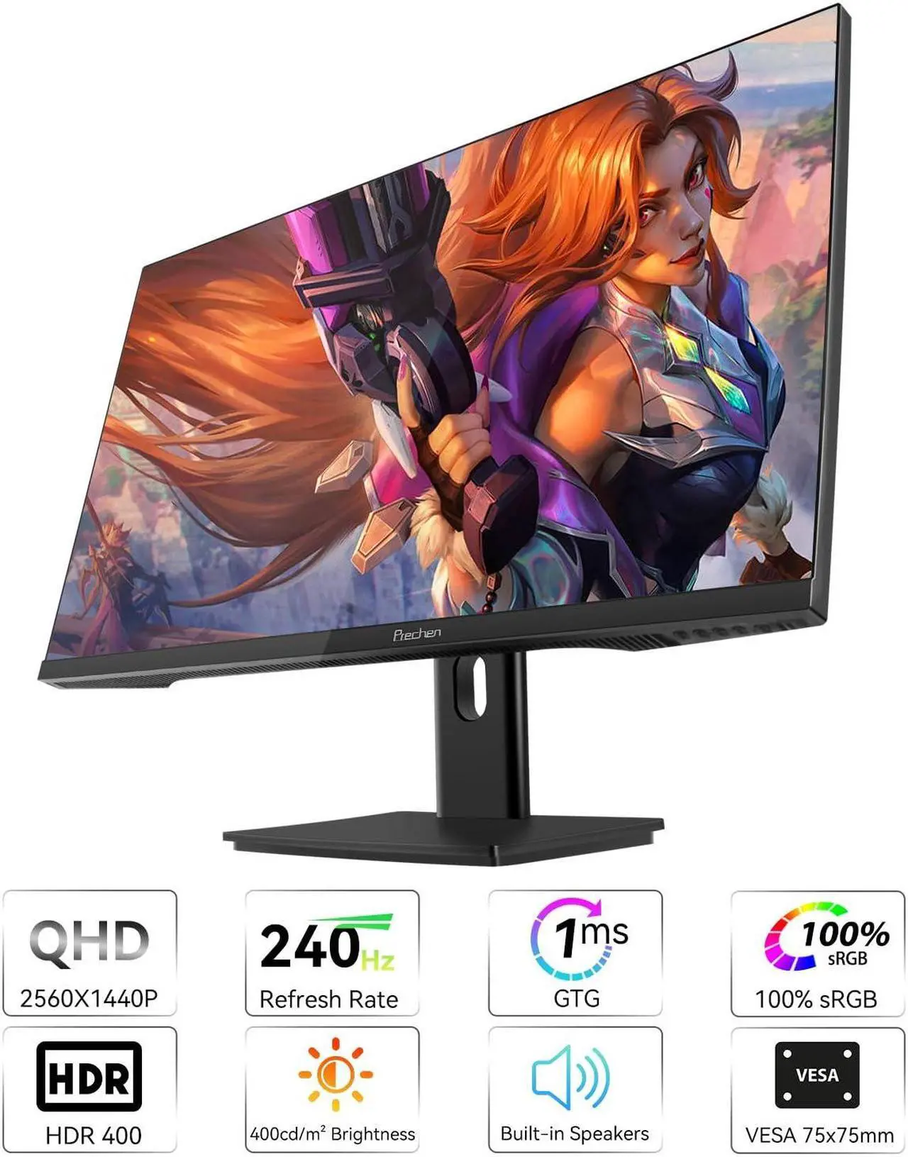 Alt view image 2 of 5 - 27 Inch 2K 240Hz QHD 2560x1440P Gaming Monitor, 1ms, 400cd/m2, 100% sRGB PC Screen, AMD FreeSync Premium Pro Compatible, 2X DispalyPort 1.4 & HDMI 2.0, Dual Built-in Speakers, VESA Supports, Black