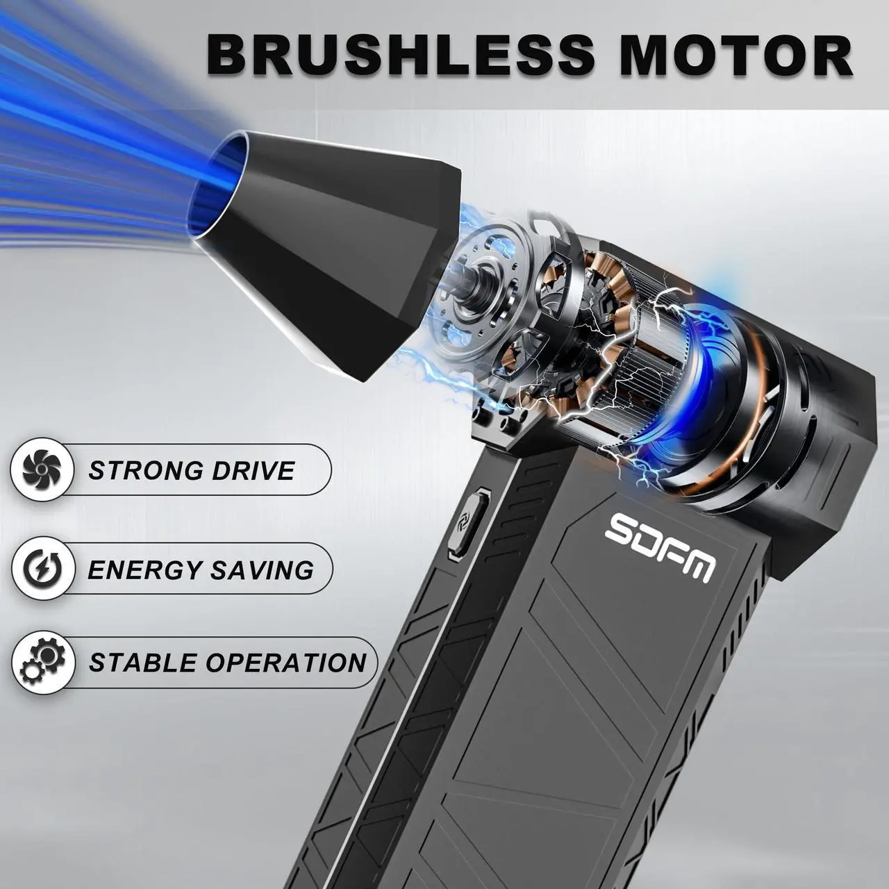 Alt view image 2 of 5 - SDFM Electric Air Duster - 130000RPM Compressed Air Duster,3 Gear Adjustable Jet Dry Blower can Reusable Can for Computer Keyboard,Outdoors,Car,Home.... (Black)