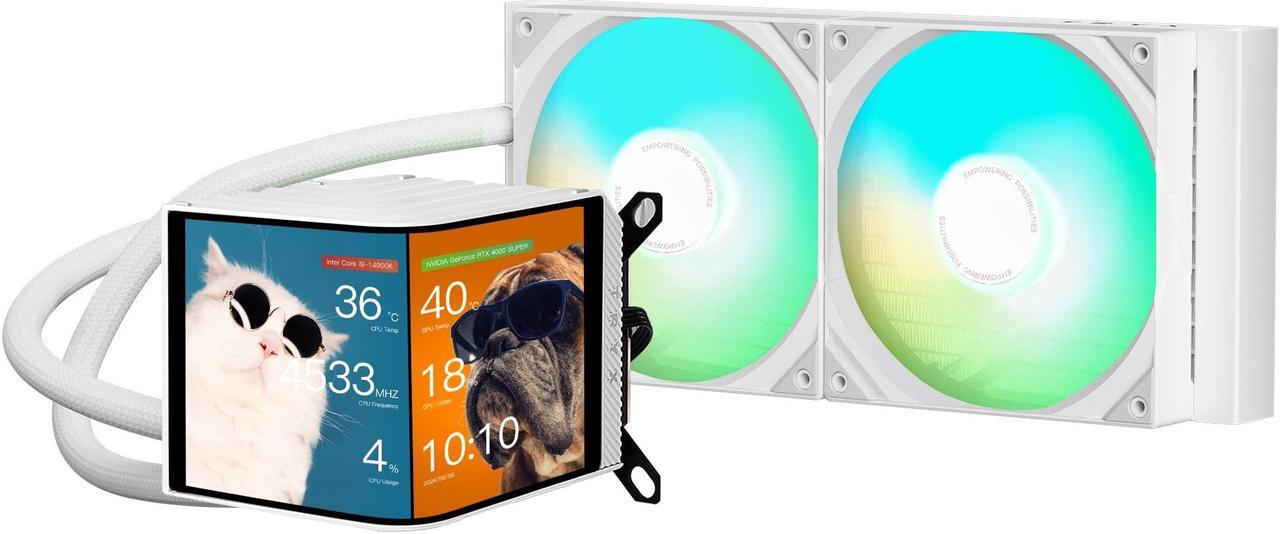 Main image of TRYX Panorama 280 ARGB White 280mm AIO 6.5'' AMOLED L-Shaped Screen 3D Anamorphic Effect Customizable Display AIO Cooler 280mm Asetek 8th Gen 300w TDP ARGB Fan Intel LGA 1700/1200/115X AMD AM5/AM4