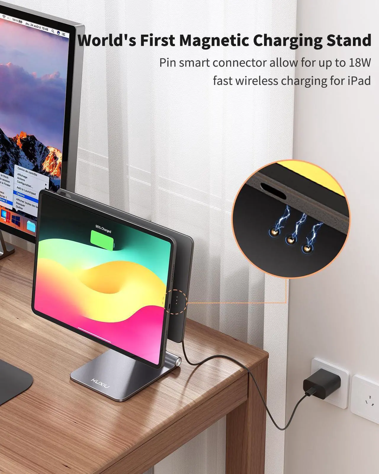 Alt view image 3 of 5 - KU XIU Magnetic Wireless Charging Stand for iPad Air 13" M2 Only/iPad Pro 12.9", Aluminum Alloy Foldable Tablet Holder Mount, Adjustable iPad Desk Stand for iPad Pro 12.9 6th/5th/4th/3rd