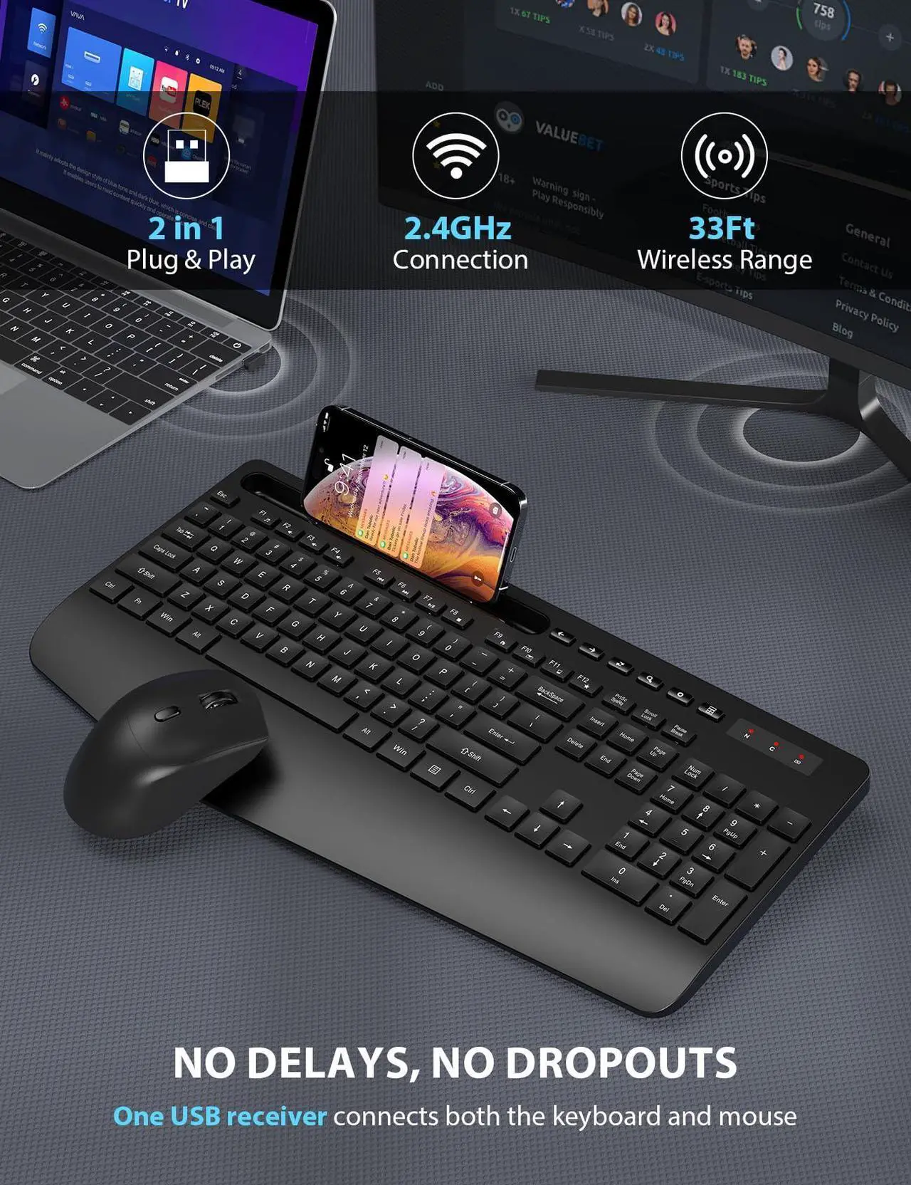 Alt view image 4 of 5 - 2 Pack Wireless Keyboard and Mouse Combo - Full-Sized Ergonomic Keyboard with Wrist Rest, Phone Holder, Sleep Mode, Silent 2.4GHz Cordless Keyboard and Mouse for Computer, Laptop, PC -Trueque