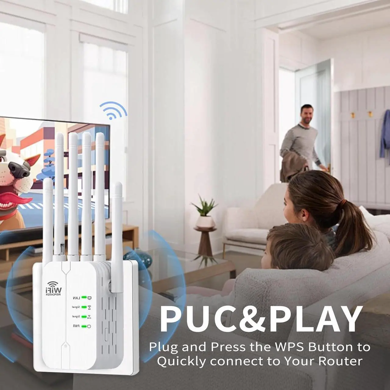 Alt view image 4 of 5 - WiFi Extenders Signal Booster for Home Long Range Up to 11000 sq.6 Powerful Antennas 2 LAN Ports Repeater and Router Modes and AP Compatibile con Modem Router Office and Home WiFi Repeaters