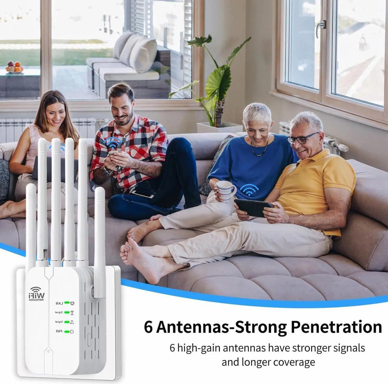 Alt view image 5 of 5 - WiFi Extenders Signal Booster for Home Long Range Up to 11000 sq.6 Powerful Antennas 2 LAN Ports Repeater and Router Modes and AP Compatibile con Modem Router Office and Home WiFi Repeaters
