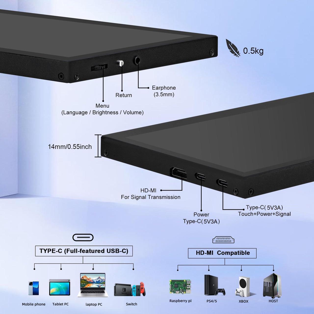 Alt view image 4 of 5 - wisecoco 12.3 Inch Touchscreen Monitor 1920x720 Bar LCD Mini Touch Screen Monitor Secondary Screen Portable Display HDMI for Laptop PC Temperature Aida64 GPU CPU RAM Monitoring