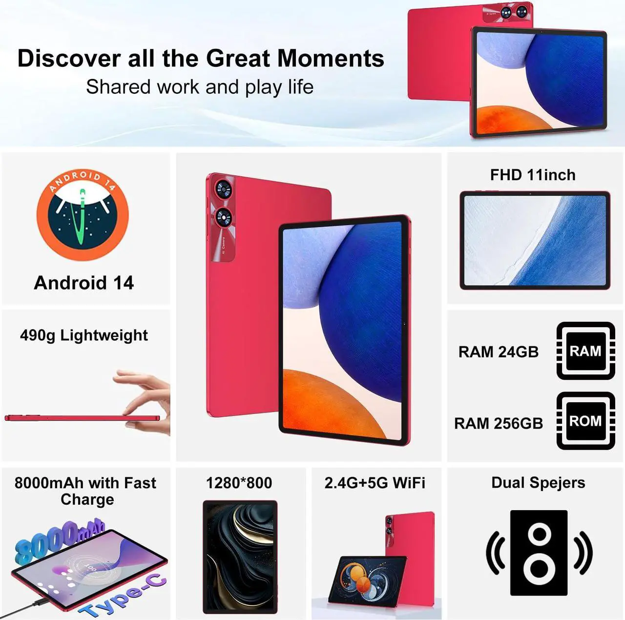 Alt view image 2 of 5 - Android 14 Tablet 11 Inch Tablets, 24GB RAM 256GB ROM(1TB Expand), Octa-Core Tablets with 8000 mAh Battery, 5G WiFi, Bluetooth 5.0, Android Tablet 5MP+13MP Dual Camera, IPS Touch Screen, GPS Tab-Red