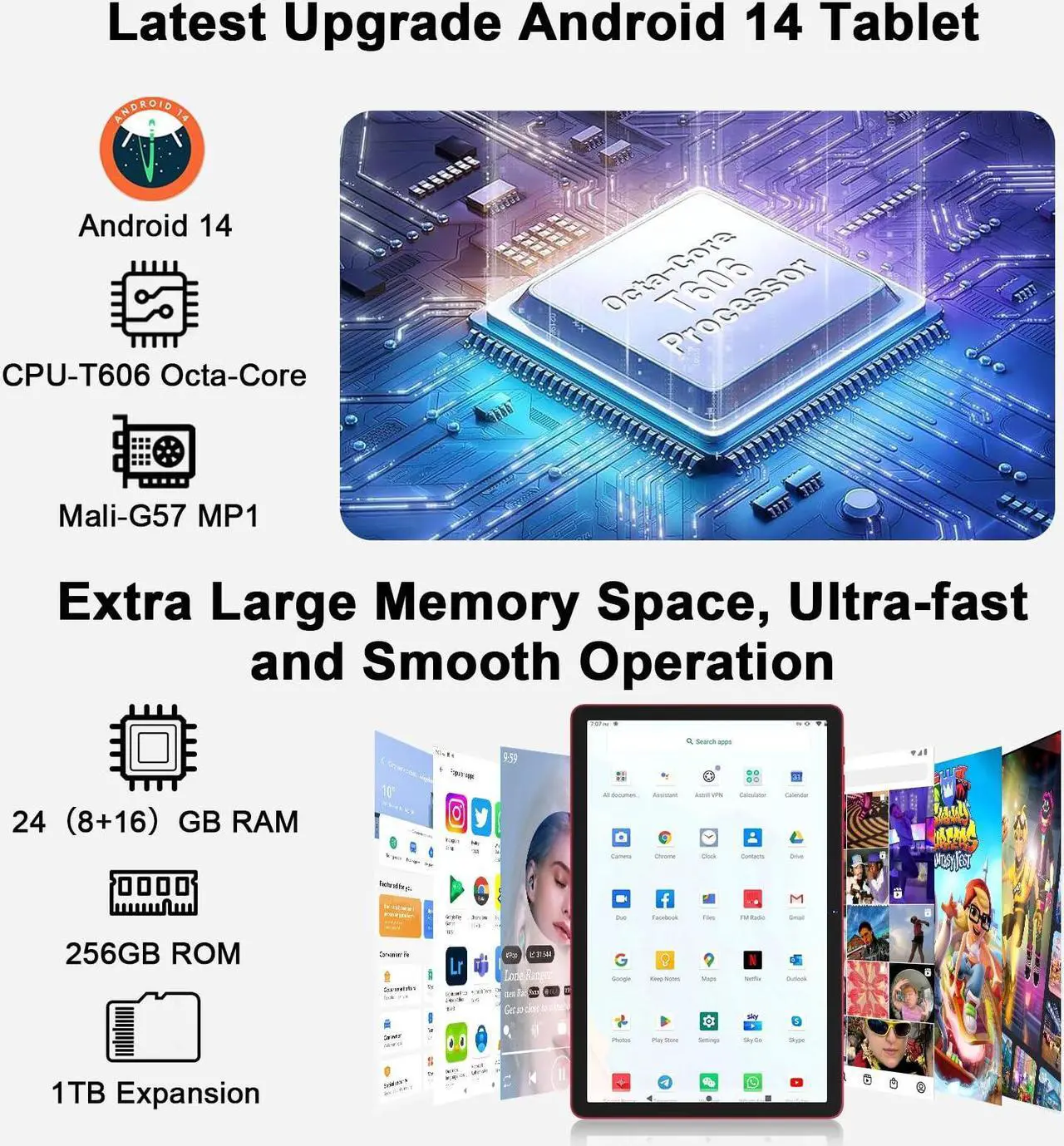 Alt view image 4 of 5 - Android 14 Tablet 11 Inch Tablets, 24GB RAM 256GB ROM(1TB Expand), Octa-Core Tablets with 8000 mAh Battery, 5G WiFi, Bluetooth 5.0, Android Tablet 5MP+13MP Dual Camera, IPS Touch Screen, GPS Tab-Red