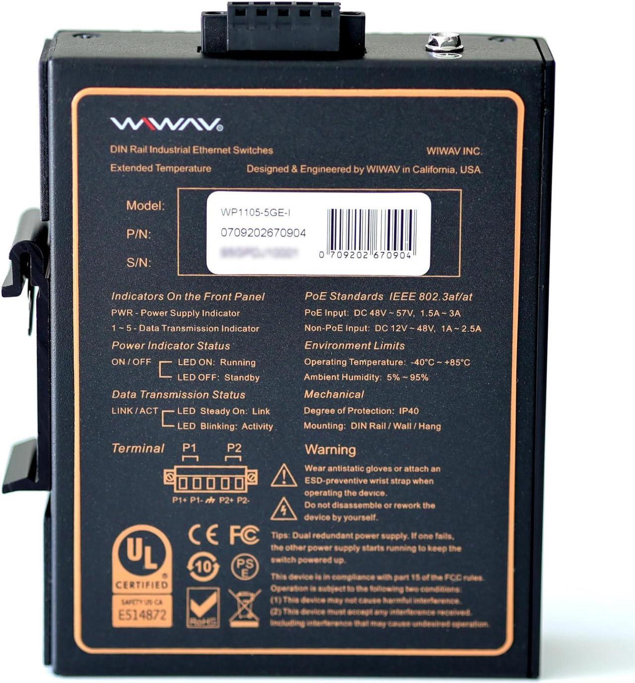 Alt view image 2 of 5 - WIWAV WP1105-5GE-I 10/100/1000Mbps Unmanaged 5-Port PoE Gigabit Industrial Ethernet Switches with DIN Rail/Wall-Mount (UL Listed, IP40, -40 to 85)