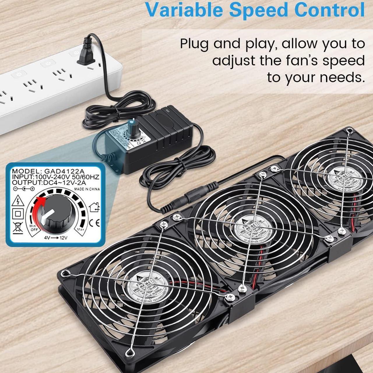Alt view image 4 of 5 - GDSTIME Big Airflow 3 x 120mm Fans DC 12V Powered Fan with AC 110V - 240V Speed Control, Cabinet Chassis Cooling Fan, Server Workstation Cooling