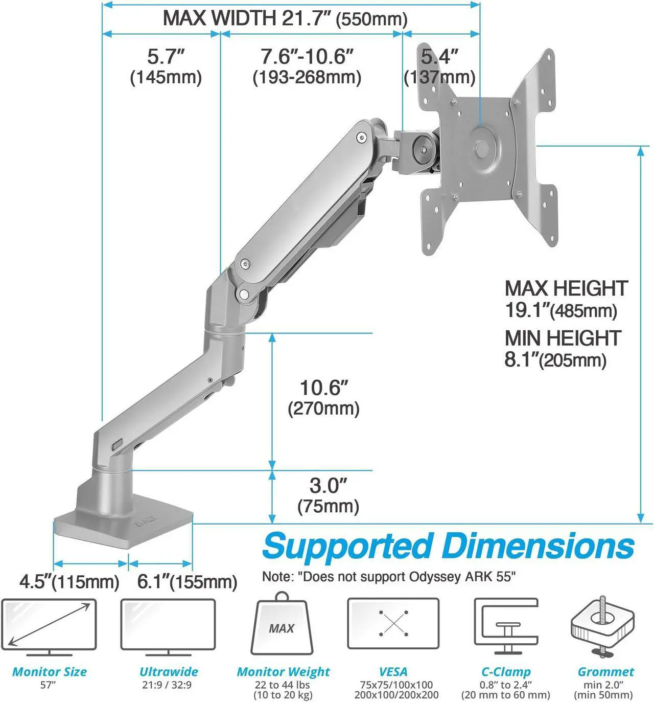 Alt view image 4 of 5 - AVLT Single 34"-57" Monitor Arm Desk Mount fits One 44 lbs Heavy Duty Monitor Full Motion Height Swivel Tilt Rotation Adjustable Monitor Gray Arm VESA 200x200 200x100 100x100 75x75