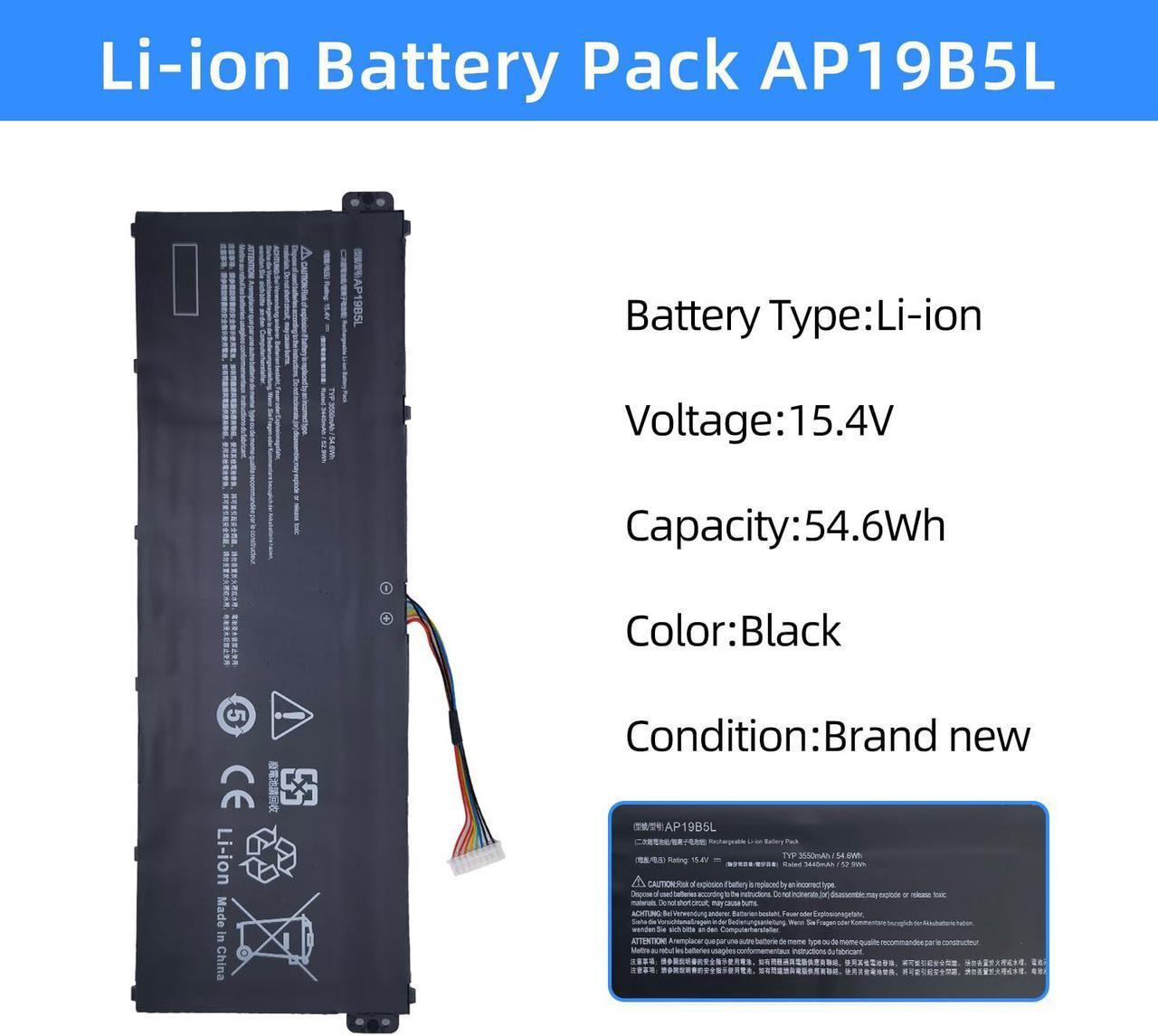 Alt view image 2 of 5 - NBULBL AP19B5L Laptop Battery Replacement for ACER Aspire 5 A515-56G-77WL A515-55 A515-43 A515-44 A514-54 Swift 3 SF314-42-R9YN TravelMate P215-52 Series KT00405010 4INP5/61/71 [15.4V 54.6Wh 3550mAh]