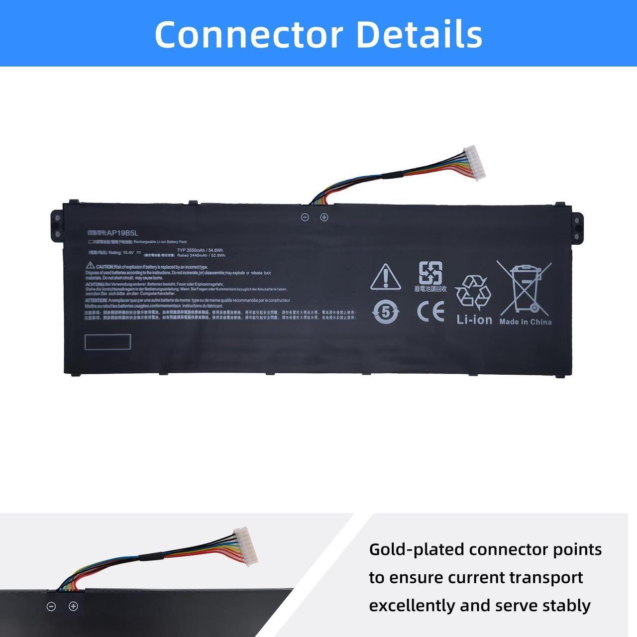 Alt view image 3 of 5 - NBULBL AP19B5L Laptop Battery Replacement for ACER Aspire 5 A515-56G-77WL A515-55 A515-43 A515-44 A514-54 Swift 3 SF314-42-R9YN TravelMate P215-52 Series KT00405010 4INP5/61/71 [15.4V 54.6Wh 3550mAh]