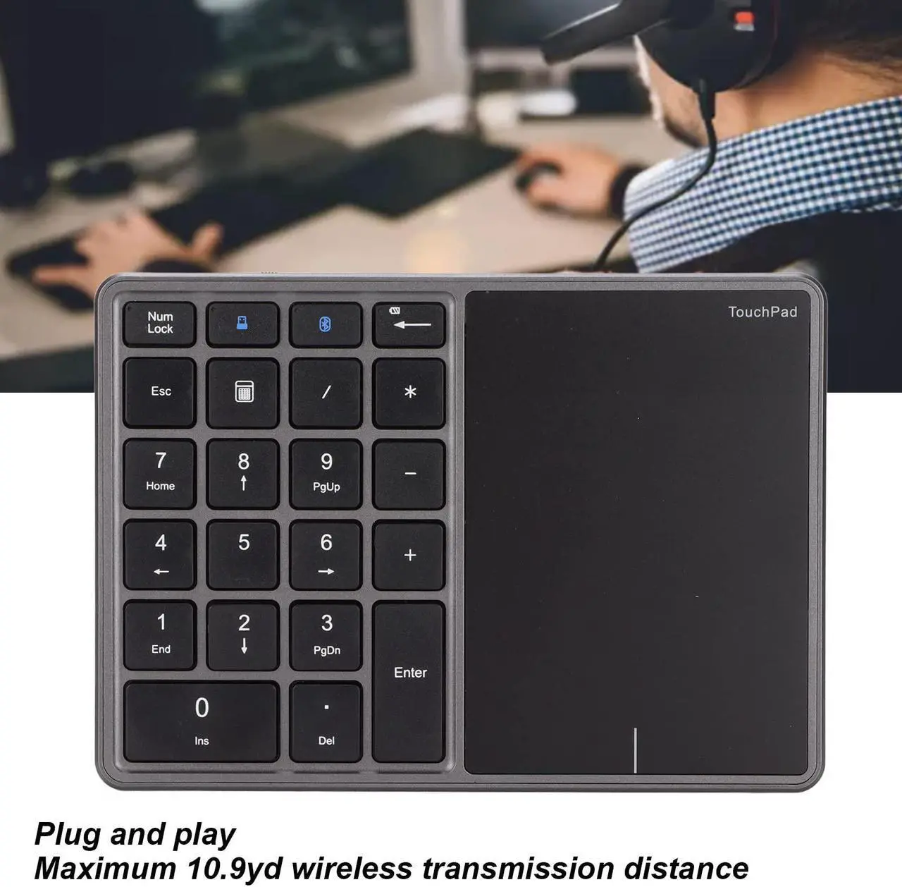 Alt view image 2 of 5 - Heayzoki Number Pad Mouse Combo, 2 in 1 BT Number Pad Touchpad Mouse 22 Keys, Bt4.2 2.4G Type C Charging Keyboard 500Mah Battery Numeric Keypad for Office (Iron Gray)