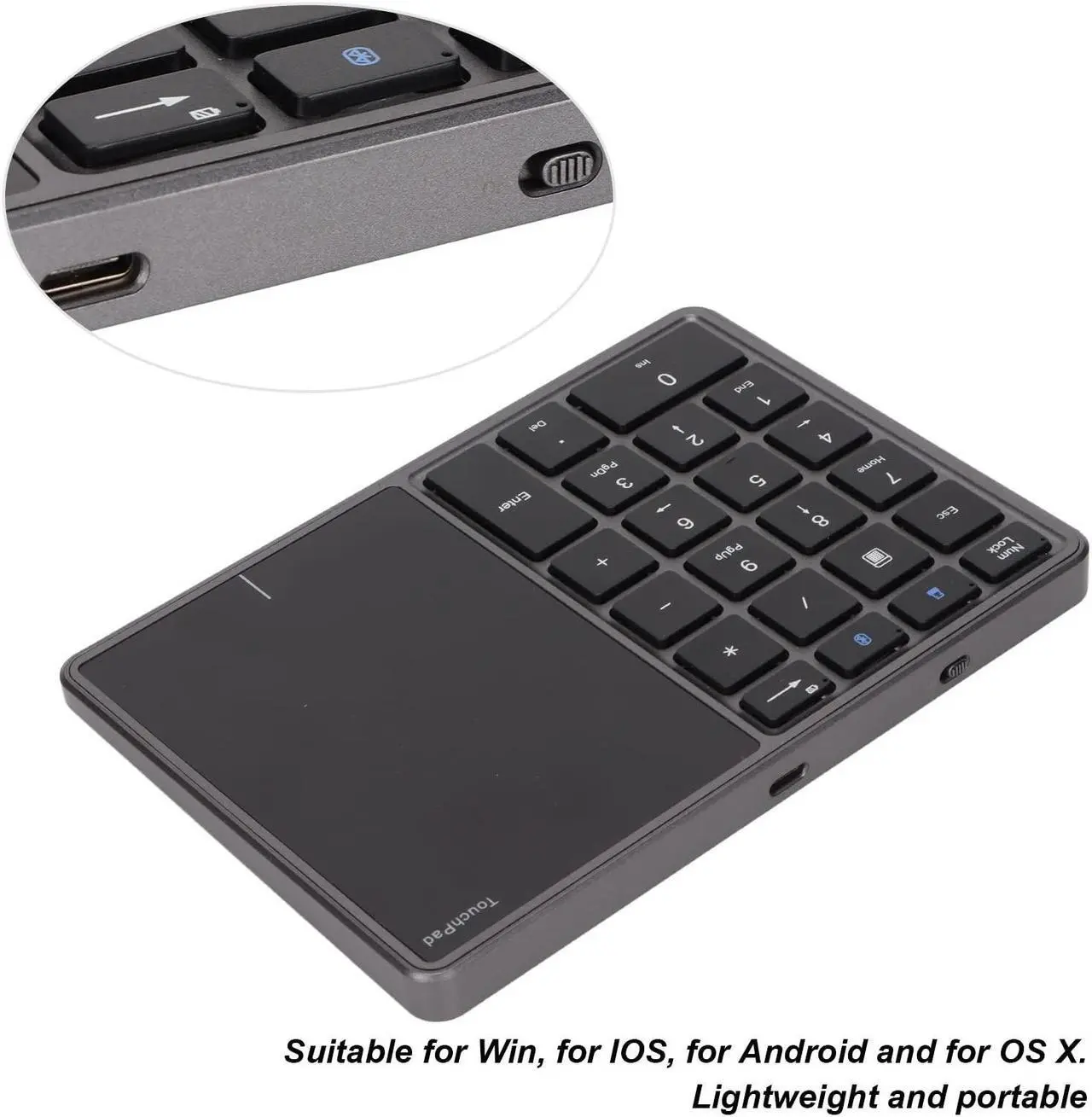 Alt view image 4 of 5 - Heayzoki Number Pad Mouse Combo, 2 in 1 BT Number Pad Touchpad Mouse 22 Keys, Bt4.2 2.4G Type C Charging Keyboard 500Mah Battery Numeric Keypad for Office (Iron Gray)