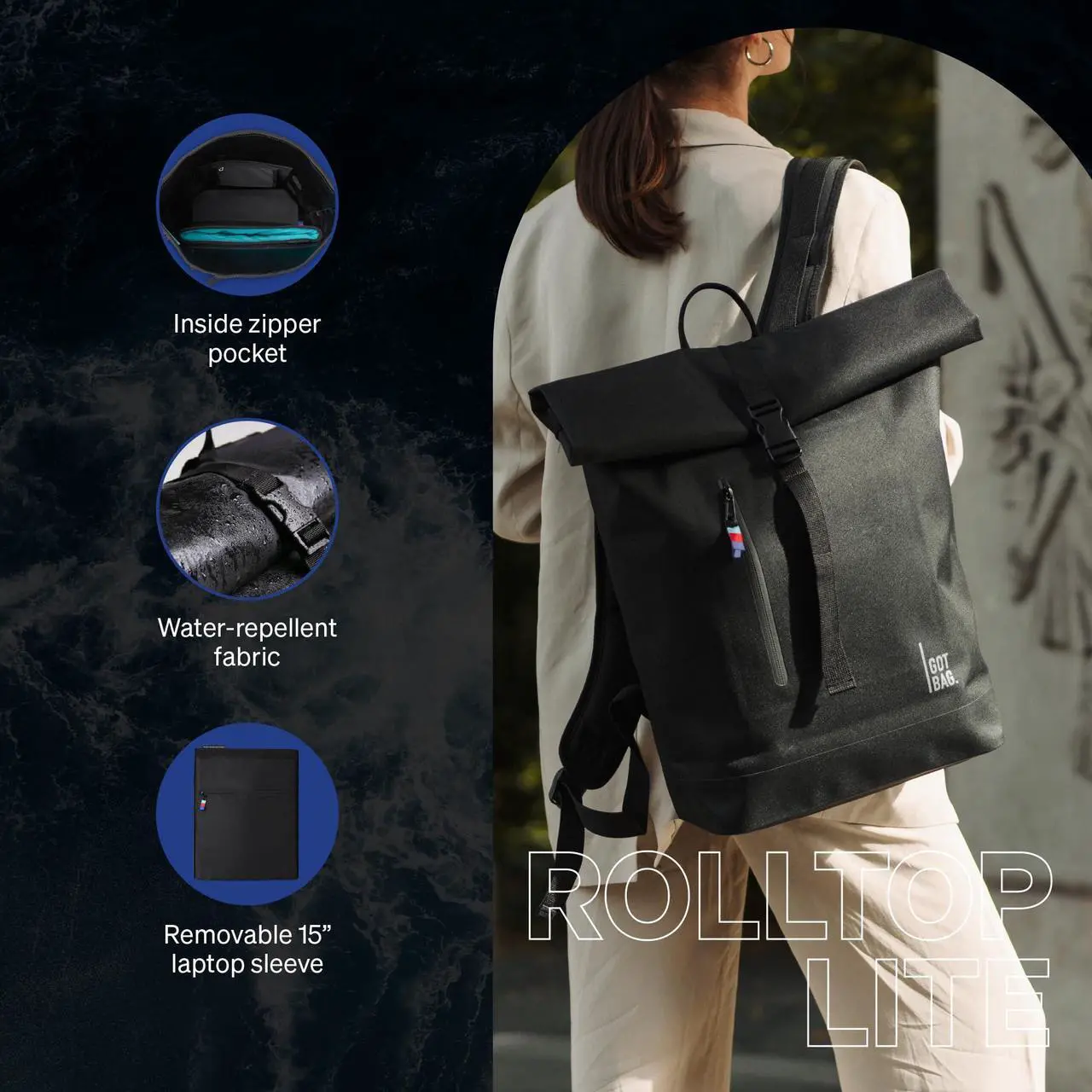Alt view image 4 of 5 - GOT BAG - ROLLTOP LITE Backpack, Hiking & Travel with a 15" Laptop Sleeve, Eco-Conscious Bag Made of Recycled Ocean Impact Plastic(tm) (Trench Monochrome Color)