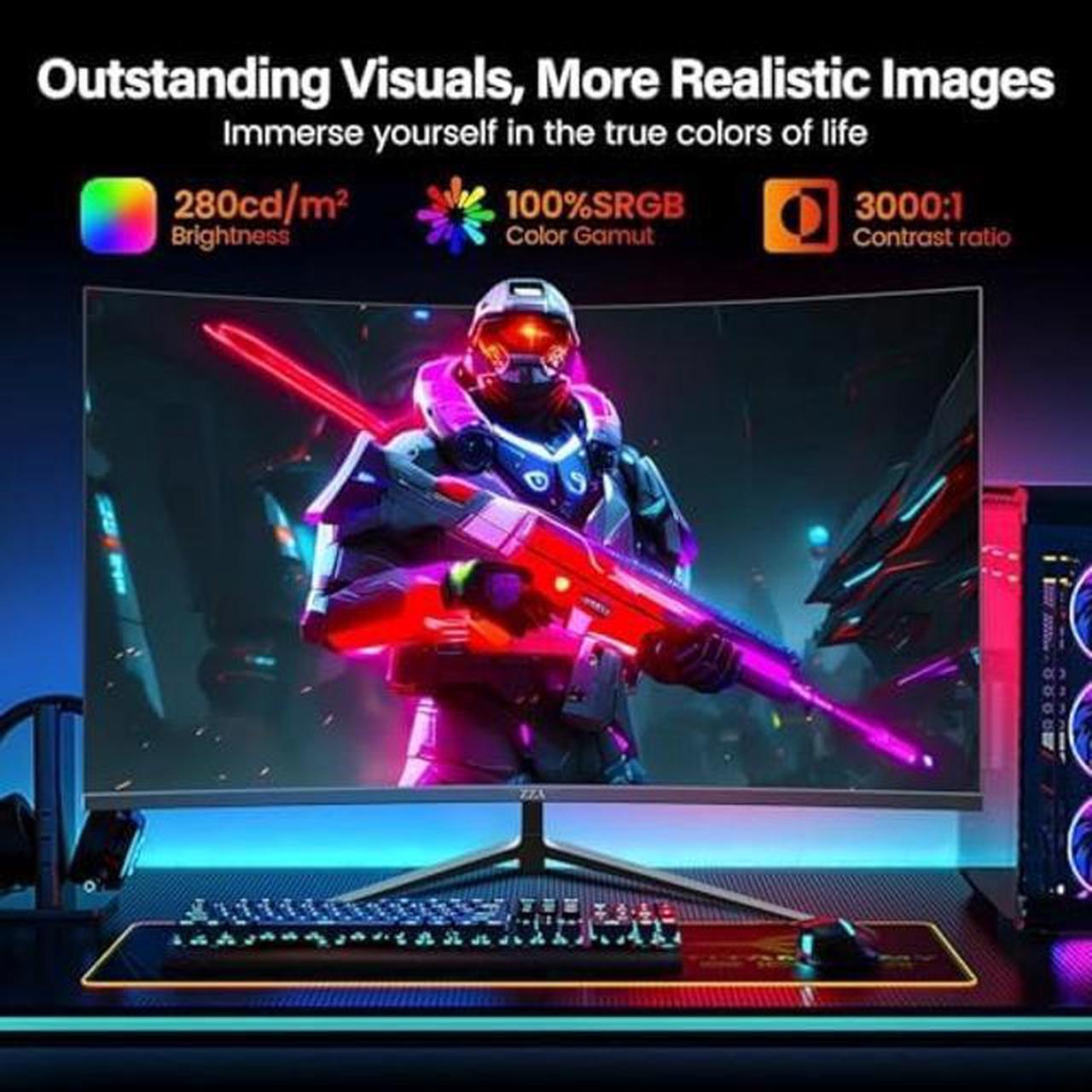 Alt view image 3 of 5 - ZZA Gaming Monitor 27 Inch Curved 180Hz| 165Hz|144Hz|1ms| Computer Monitor FHD|1080P| 90% DCI-P3,100% sRGB,PC Monitor FreeSync| HDMI|HDR|Low Blue Light| HDMI|DP Ports| VESA Mount| Metal Stand