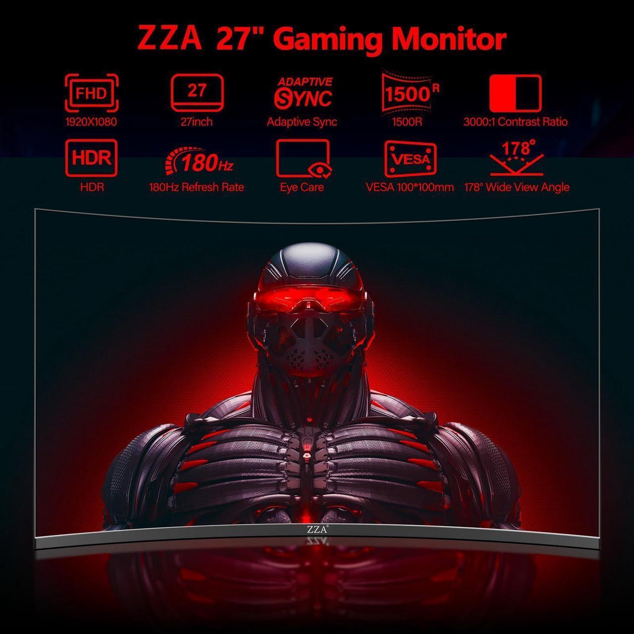 Alt view image 2 of 5 - ZZA Gaming Monitor 27 Inch Curved 180Hz| 165Hz|144Hz|1ms| Computer Monitor FHD|1080P| 90% DCI-P3,100% sRGB,PC Monitor FreeSync| HDMI|HDR|Low Blue Light| HDMI|DP Ports| VESA Mount| Metal Stand