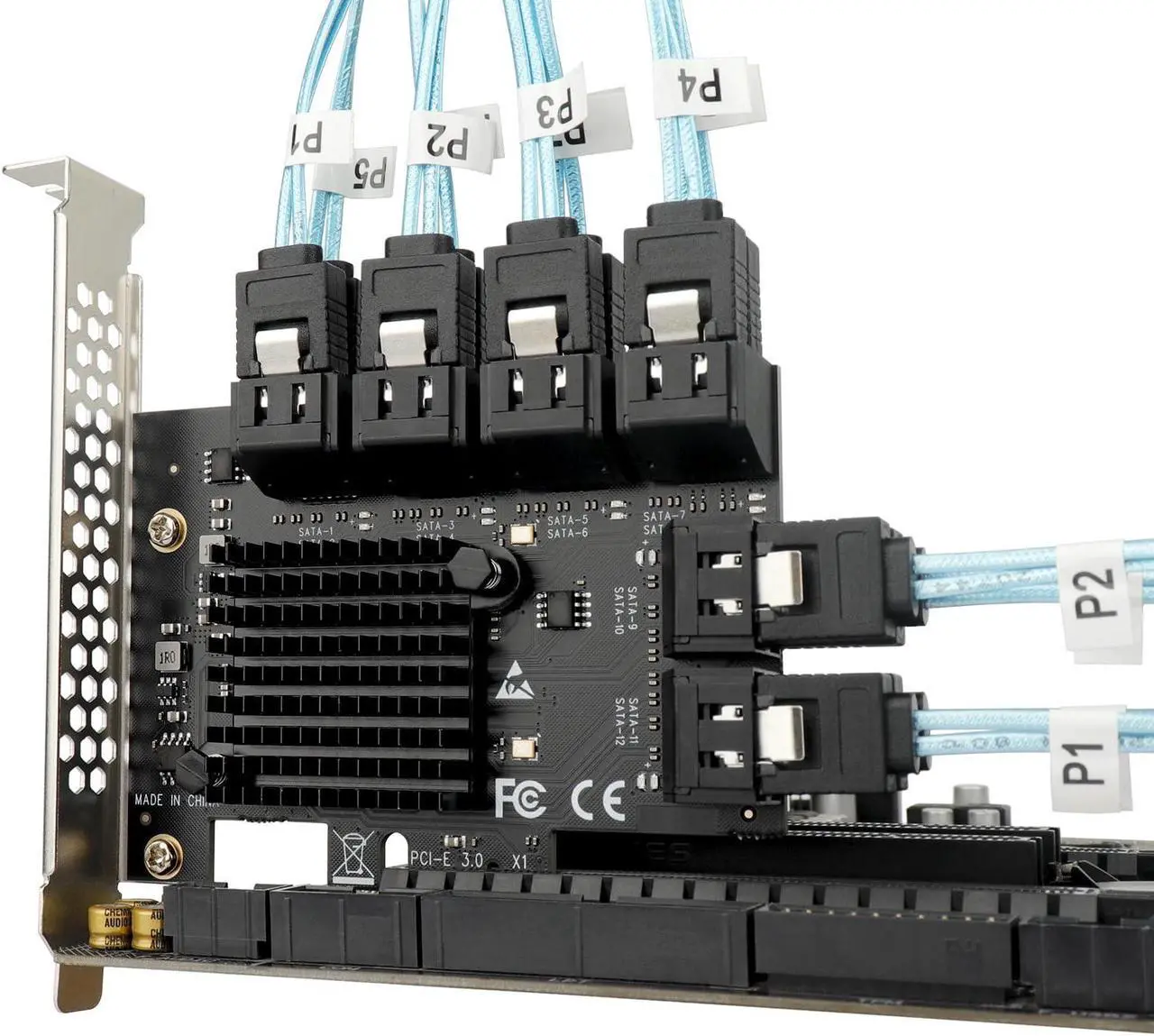 Alt view image 3 of 5 - PCIe x1 to 12-Port SATA3.0 Expansion Card,6Gbps SATA Adapter for SSD/HDD, Plug and Play with 12 Status LEDs, Compatible with Windows/Linux/Ubuntu/ESXi/Synology NAS (with SATA Bundle Cables)