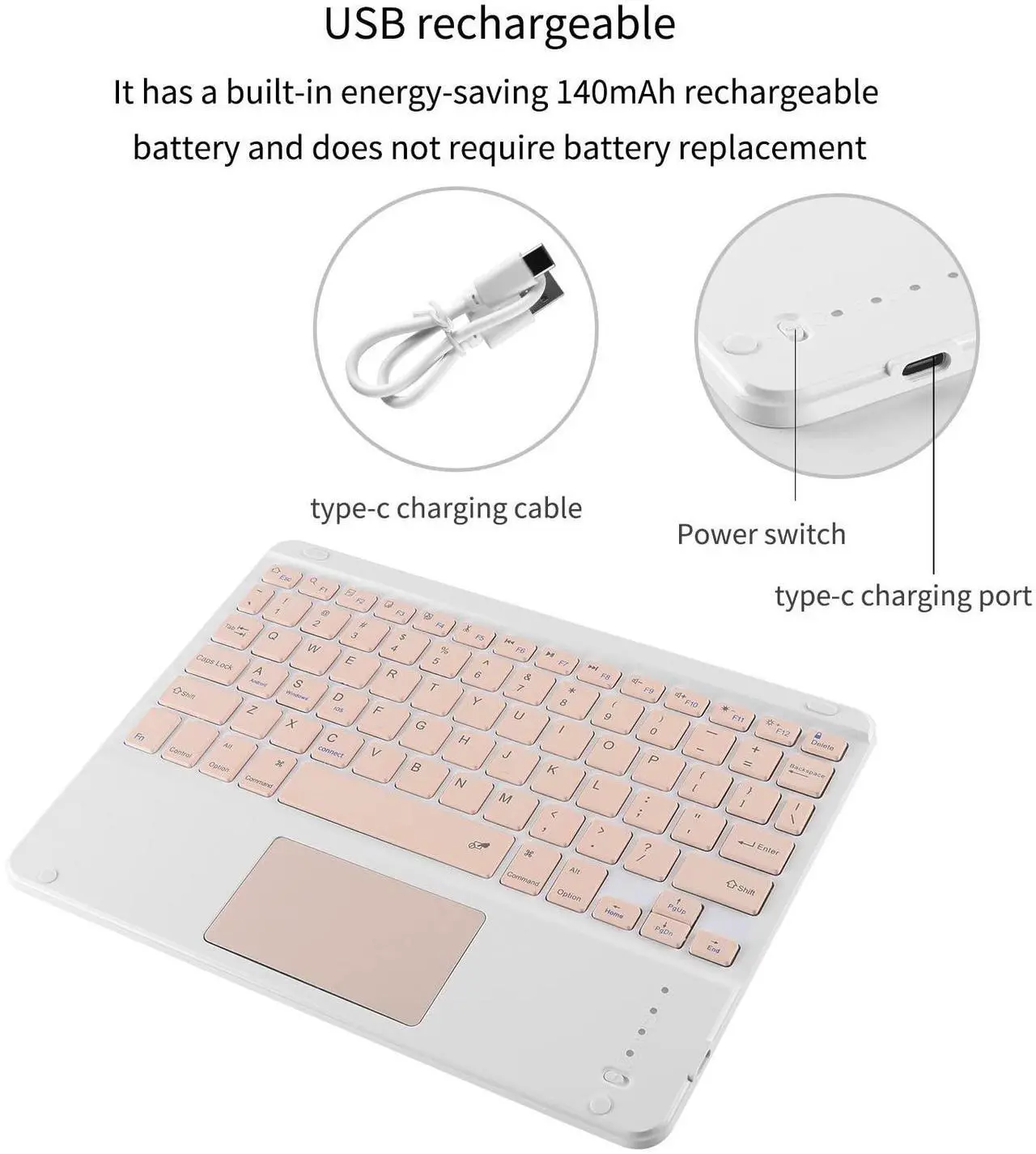 Alt view image 4 of 5 - Ultra Slim Wireless Bluetooth Keyboard with Touchpad for iPad, Rechargeable 10'' QWERTY Layout Portable Wireless Keyboard for iPad Pro/Air/Tablet, and Other iOS Android Windows Devices(Pink)