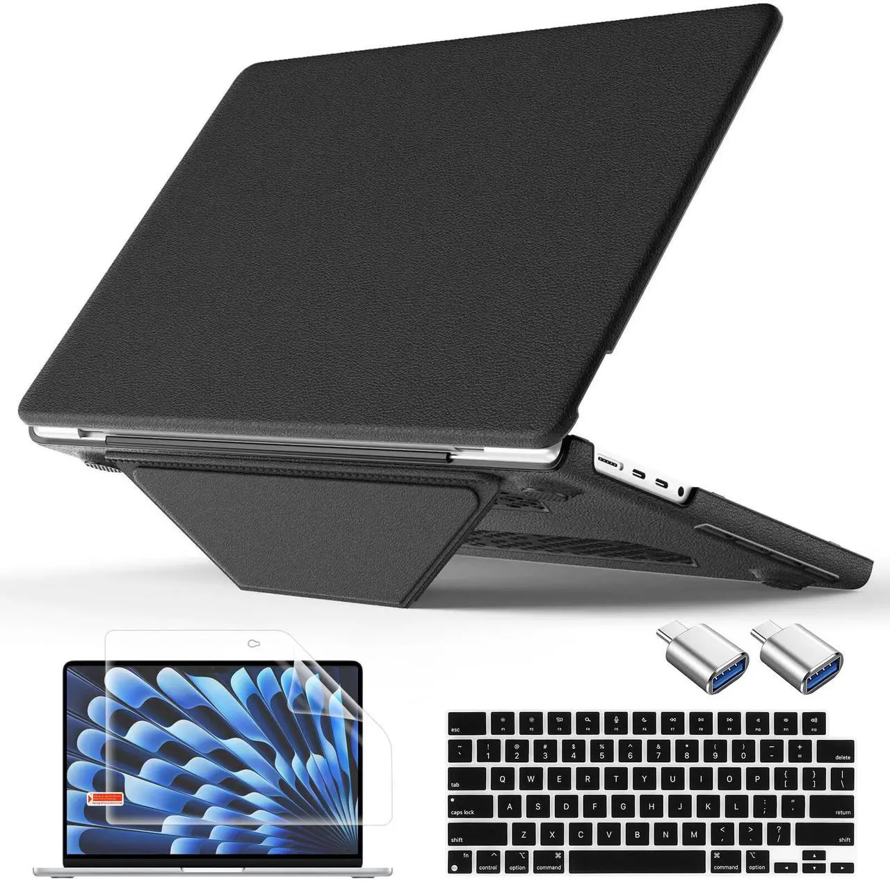 Main image of ICEKEE Leather Case for MacBook Pro 14 Inch M4 - M1 Pro/Max, Fits A3112 A3401 A3185 (2024) / A2918 A2992 A2779 (2023) / A2442 (2021) Protective Hard Shell Cover with Fold Kickstand -BS-Black
